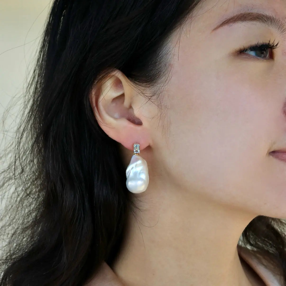 14k yellow gold emerald cut sky blue aquamarine baroque pearl convertible drop earrings
