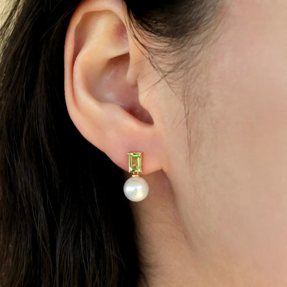 14k yellow gold natural peridot cultured round pearl convertible drop earrings