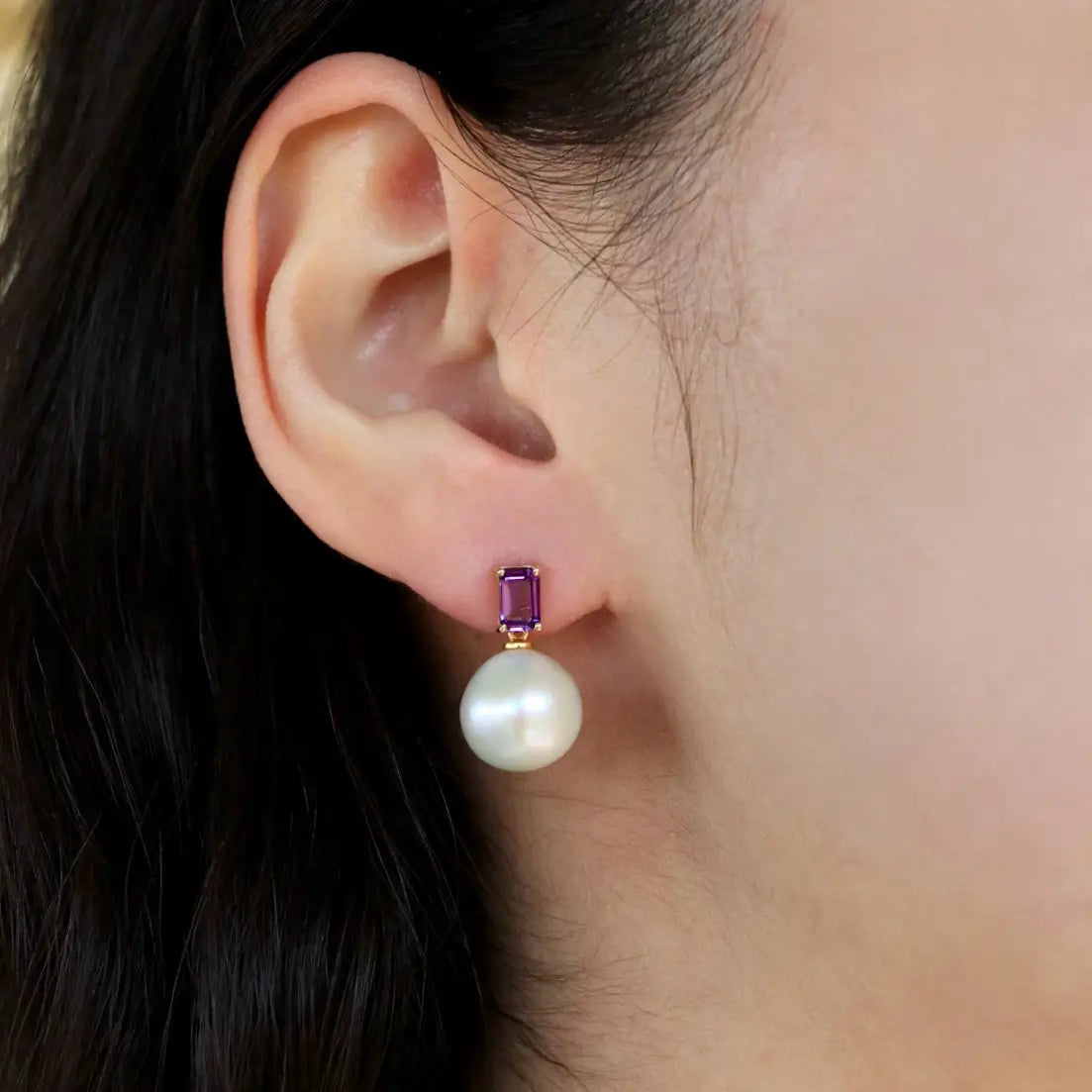 14k yellow gold natural amethyst round baroque pearl convertible drop earrings