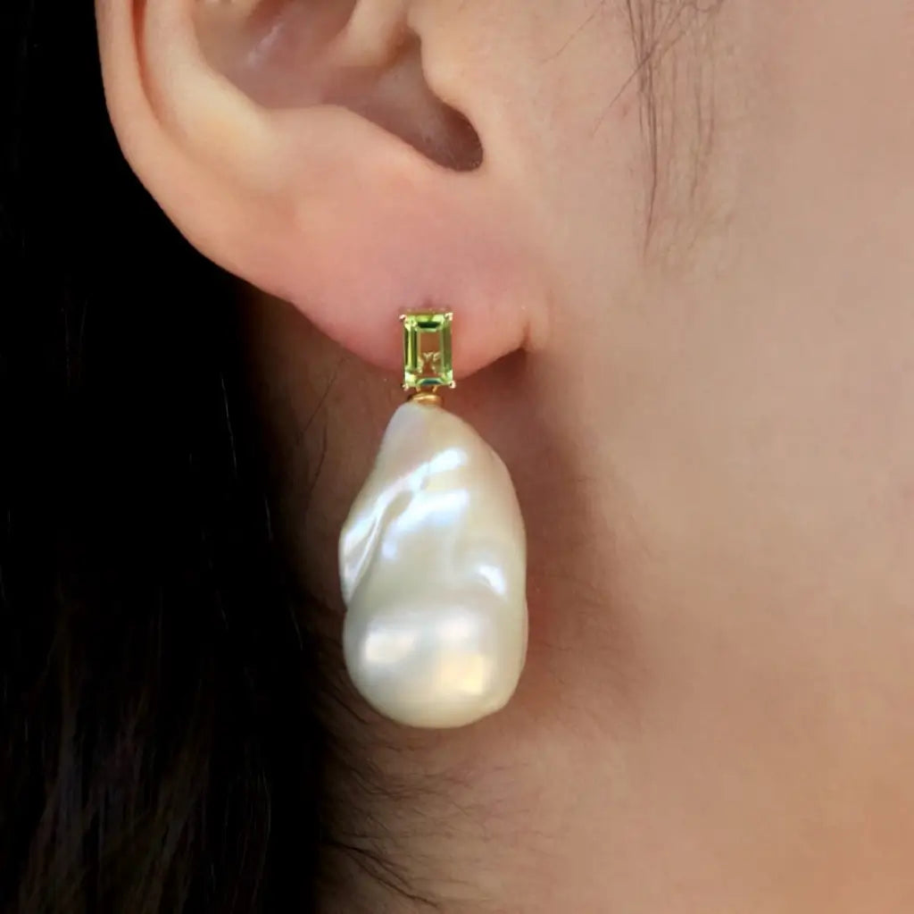 14k yellow gold natural peridot baroque pearl convertible drop earrings