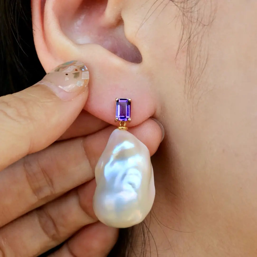 14k yellow gold amethyst emerald cut convertible baroque pearl earrings