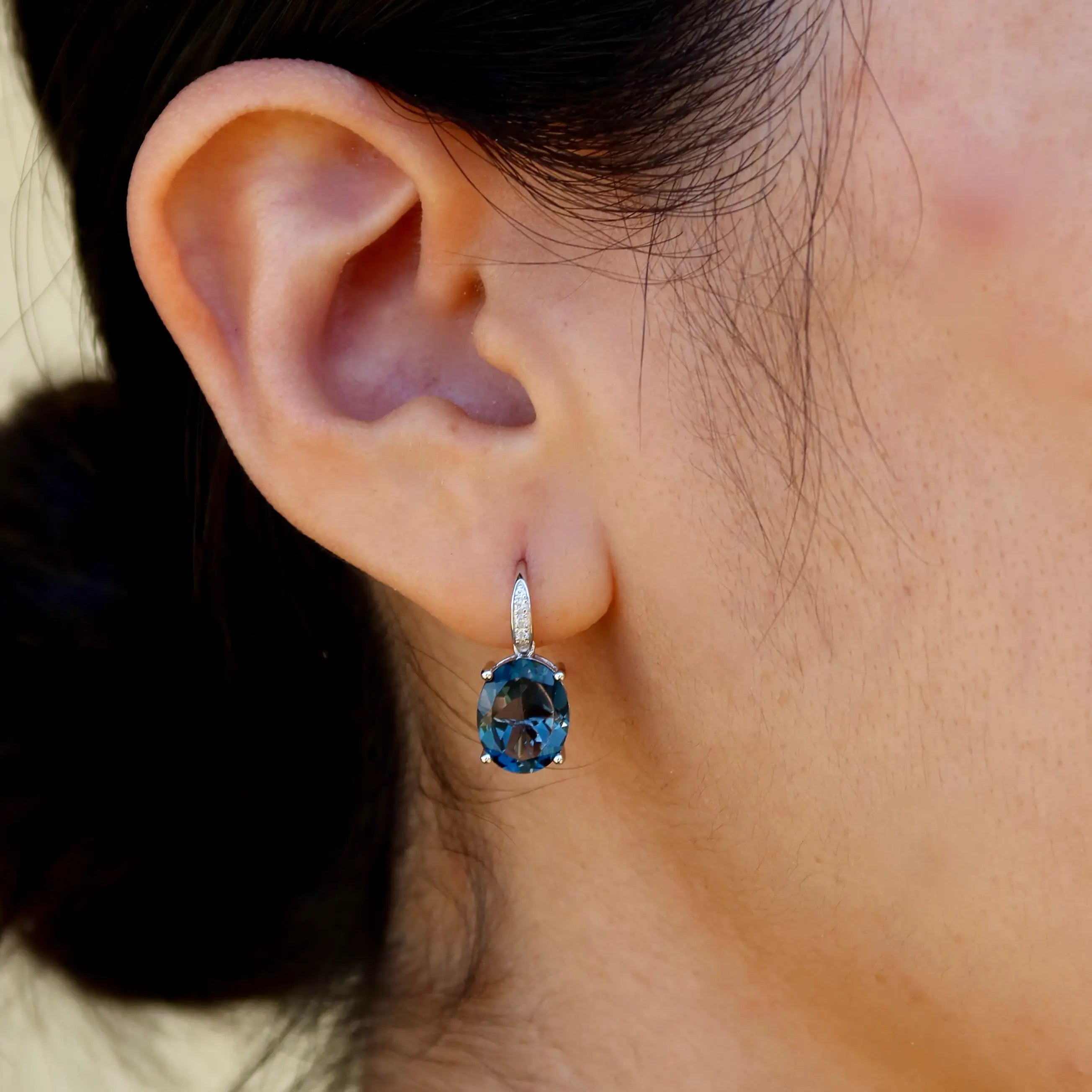 14k white gold or sterling silver natural Oval Topaz Diamond Drop Earrings