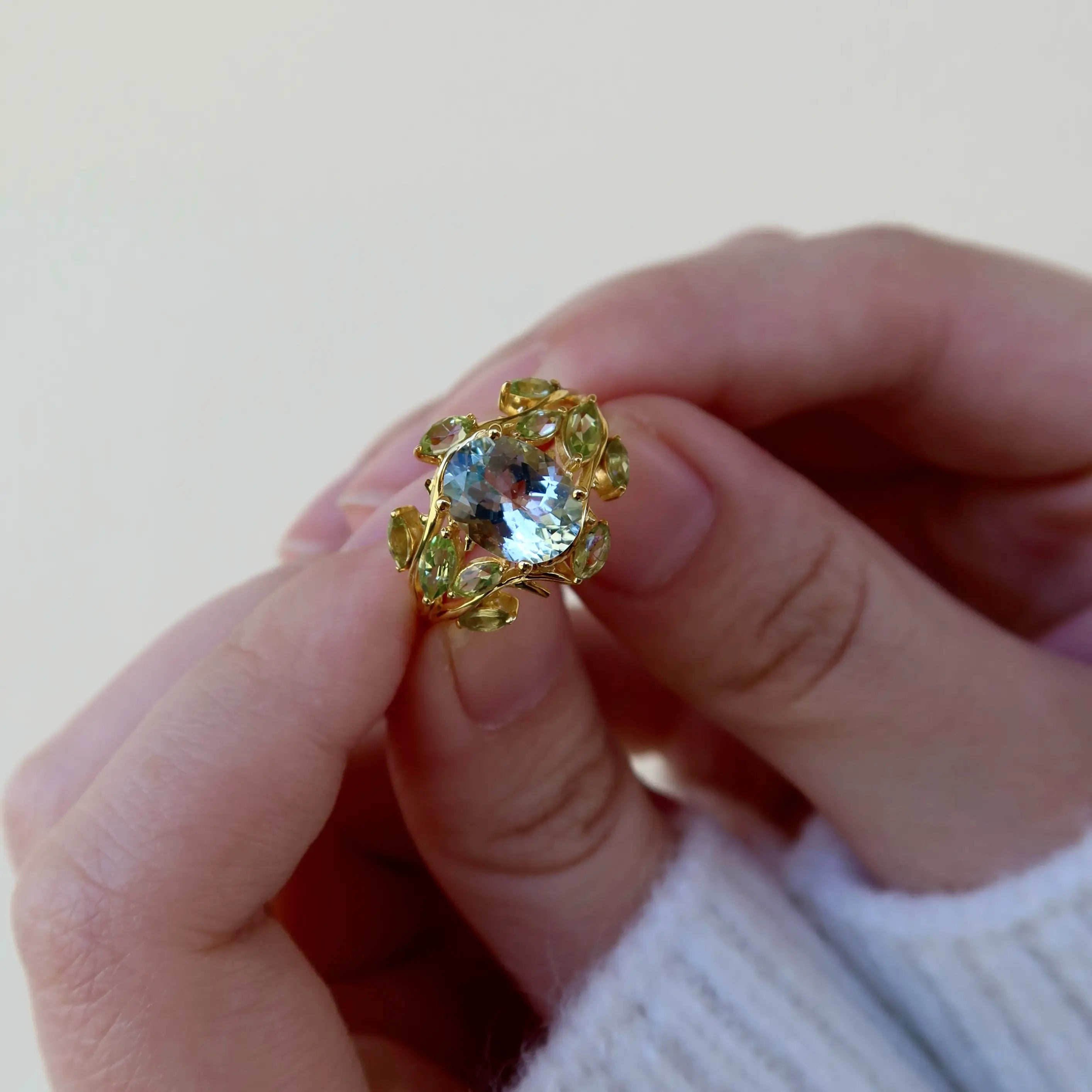 14k yellow gold natural oval aquamarine peridot cocktail ring 14k gold