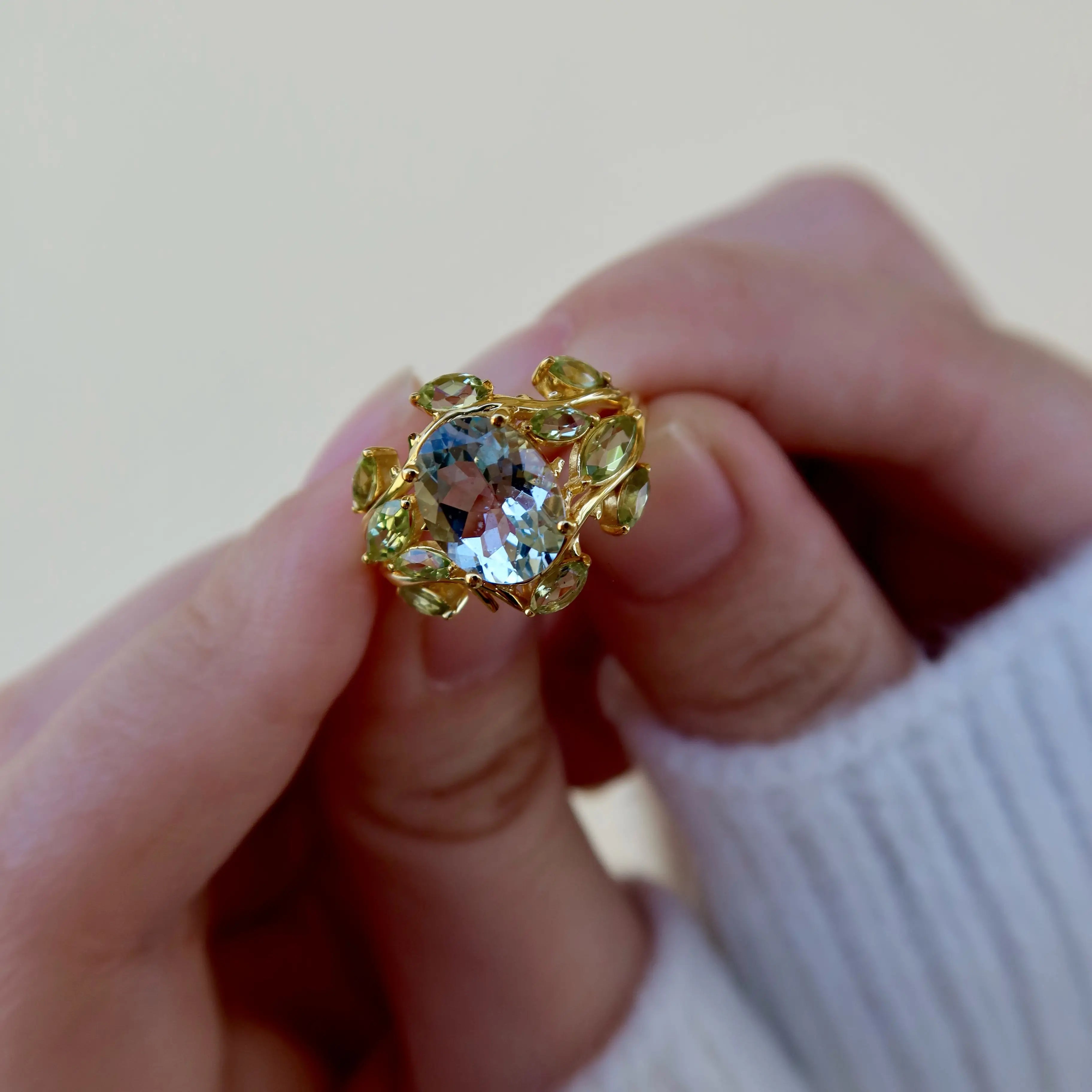 14k yellow gold oval aquamarine peridot cocktail ring 14k gold