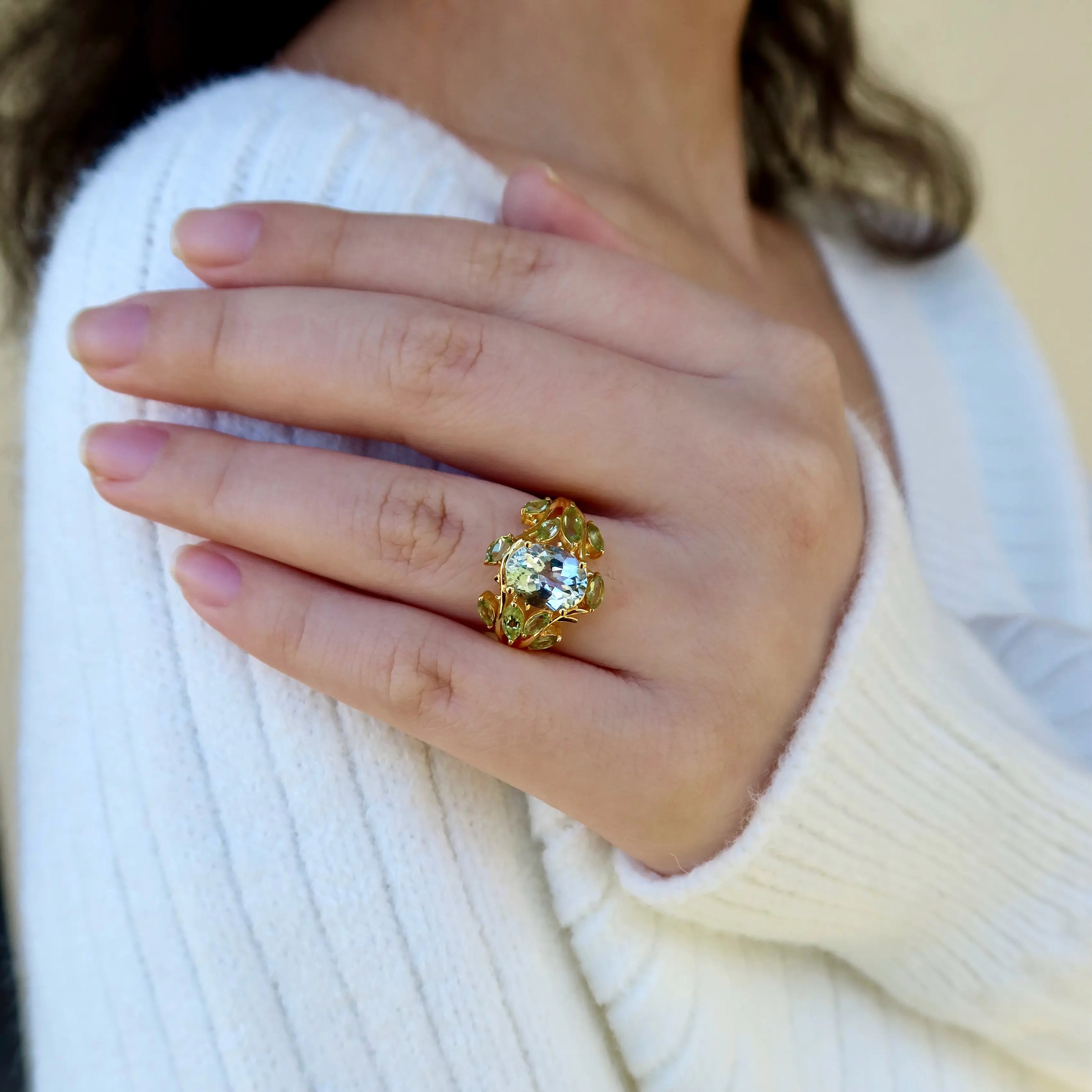 14k yellow gold oval aquamarine peridot cocktail ring 14k gold