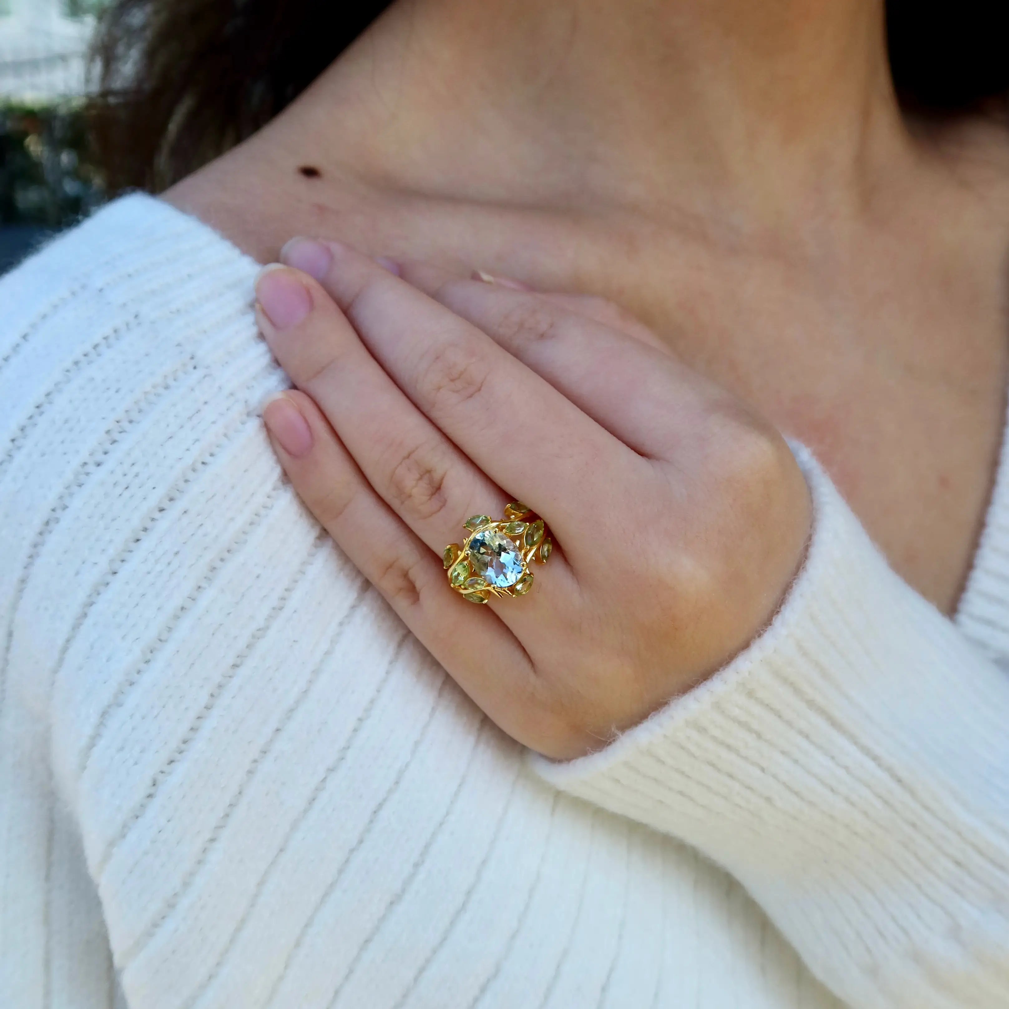 14k yellow gold oval aquamarine peridot cocktail ring 14k gold