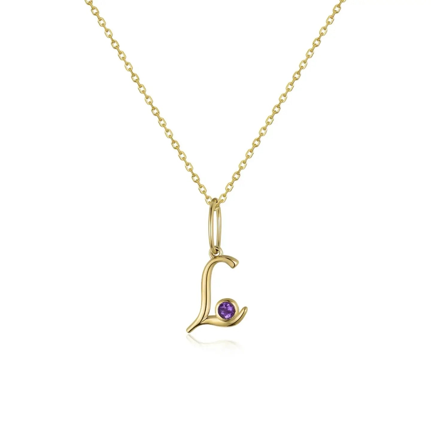 Cursive Initial L Birthstone Necklace 14k yellow gold solid gold