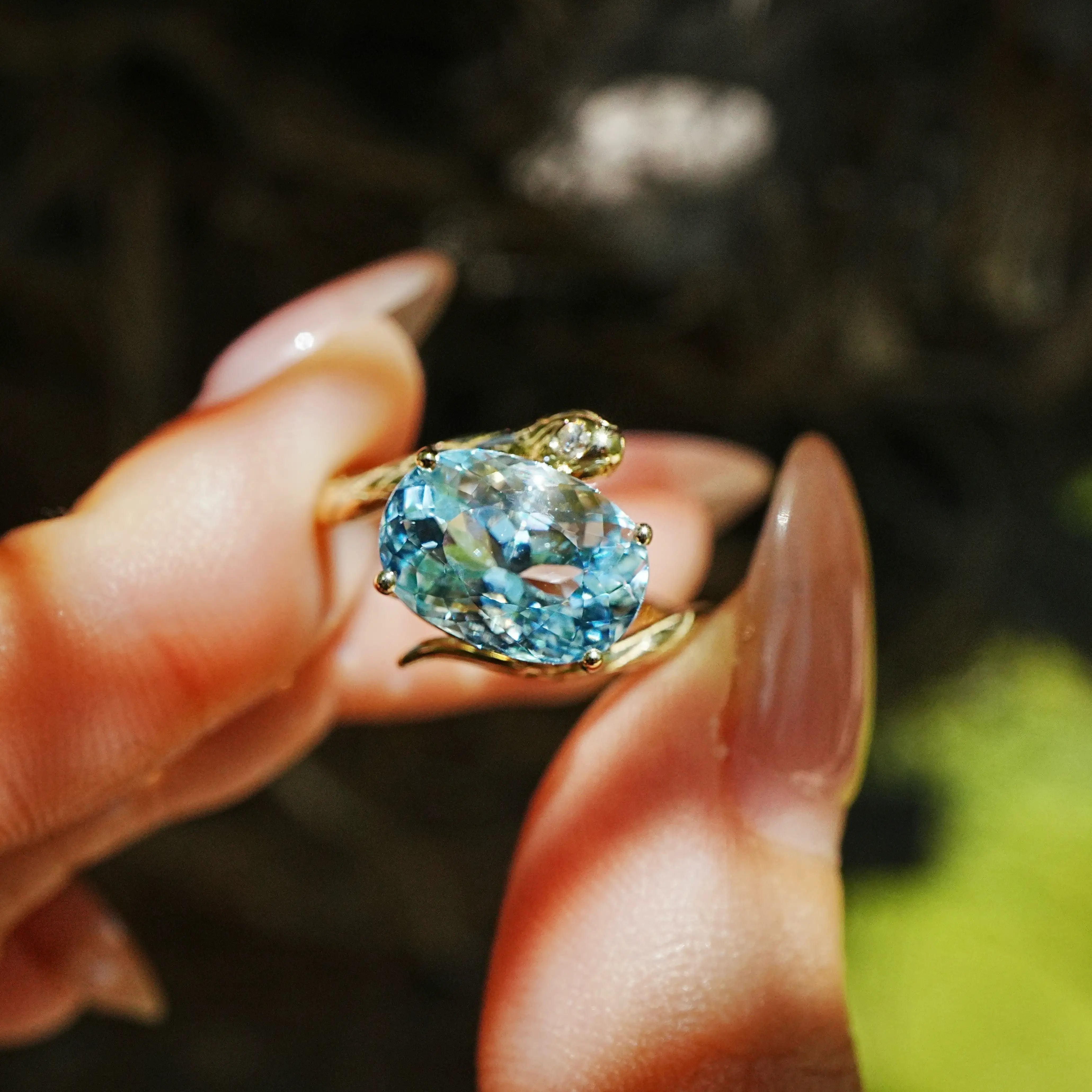 14k yellow gold Snake Protection 3.42 ctw Natural Aquamarine & Diamond East-West Ring (One-of-a-Kind)
