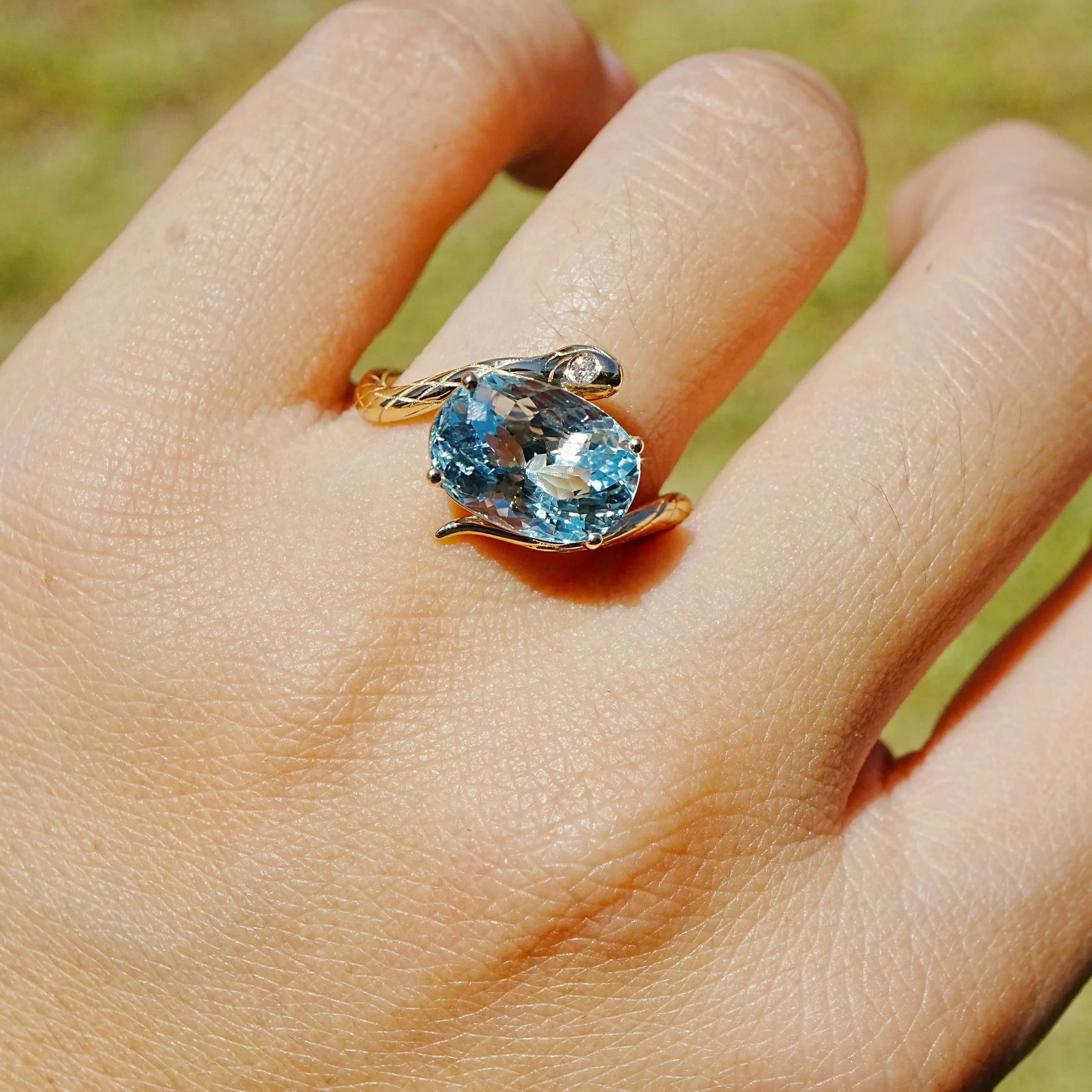 14k yellow gold Snake Protection 3.42 ctw Natural Aquamarine & Diamond East-West Ring (One-of-a-Kind)
