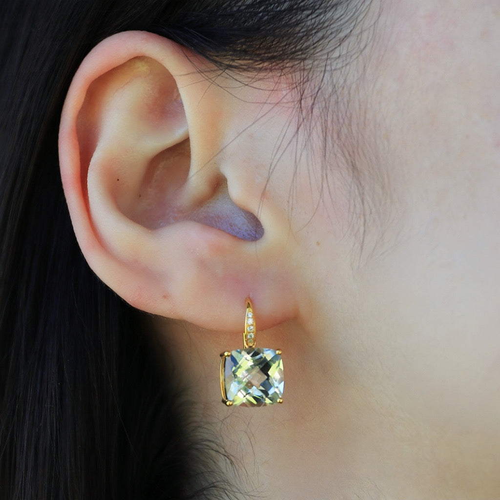 Radiant Prasiolite Green Amethyst Diamond Baroque Pearl Convertible Drop Earrings