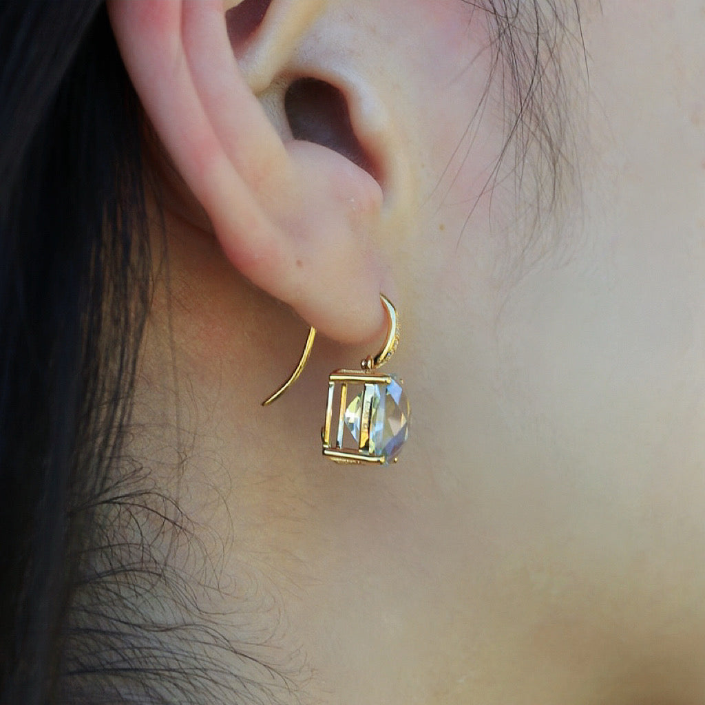 Radiant Prasiolite Green Amethyst Diamond Drop Earrings