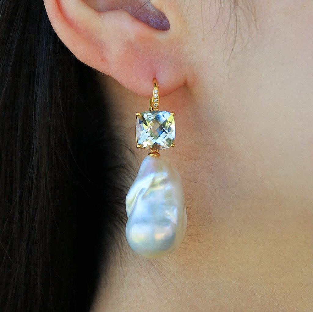 Radiant Prasiolite Green Amethyst Diamond Baroque Pearl Convertible Drop Earrings