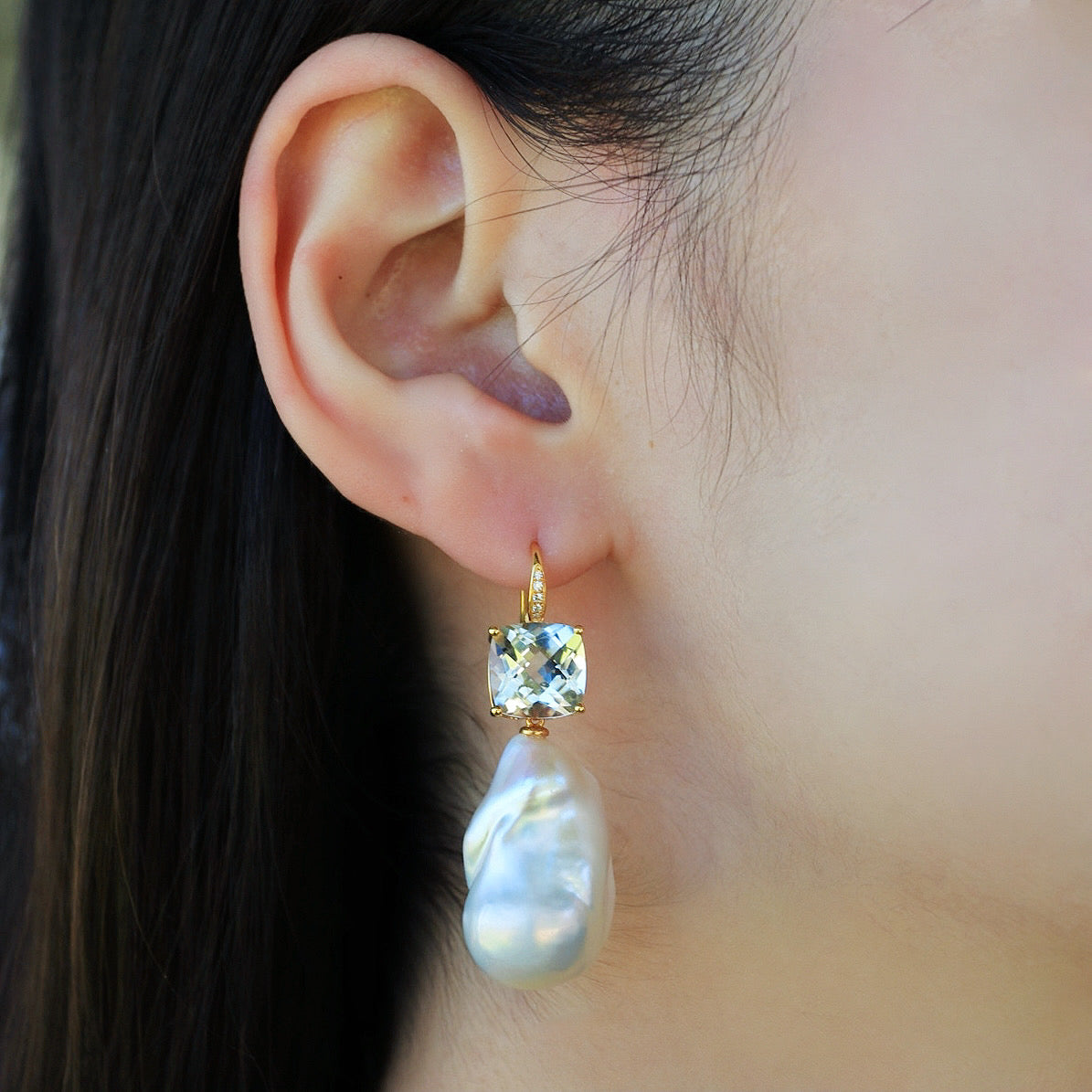 Radiant Prasiolite Green Amethyst Diamond Baroque Pearl Convertible Drop Earrings