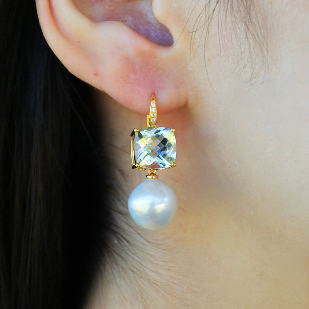 Radiant Prasiolite Green Amethyst Diamond Pearl Convertible Drop Earrings