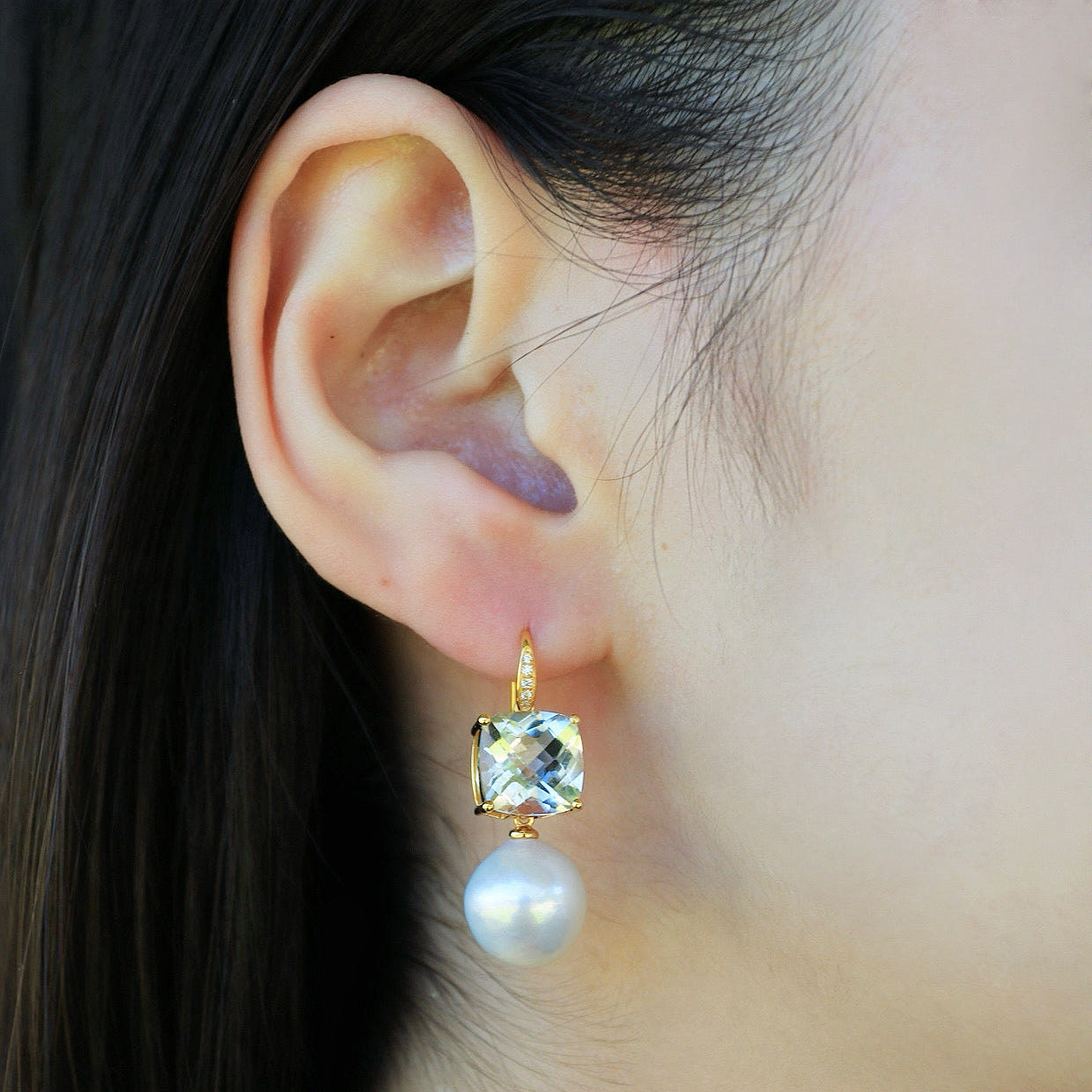 Radiant Prasiolite Green Amethyst Diamond Pearl Convertible Drop Earrings