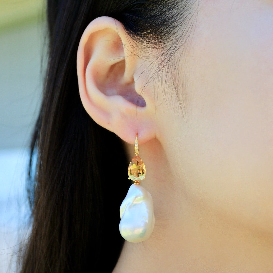Radiant Pear Citrine Diamond Baroque Pearl Convertible Drop Earrings