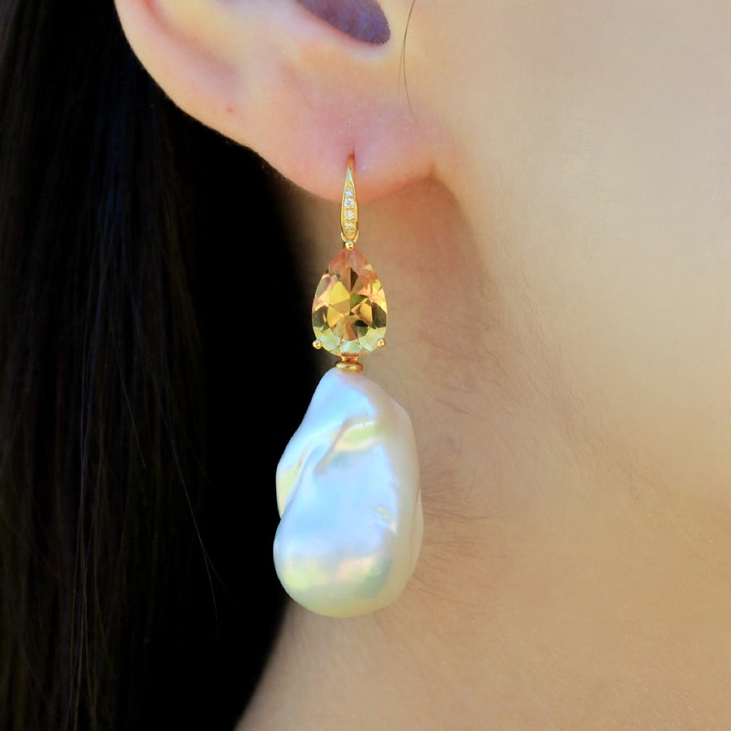 Radiant Pear Citrine Diamond Baroque Pearl Convertible Drop Earrings
