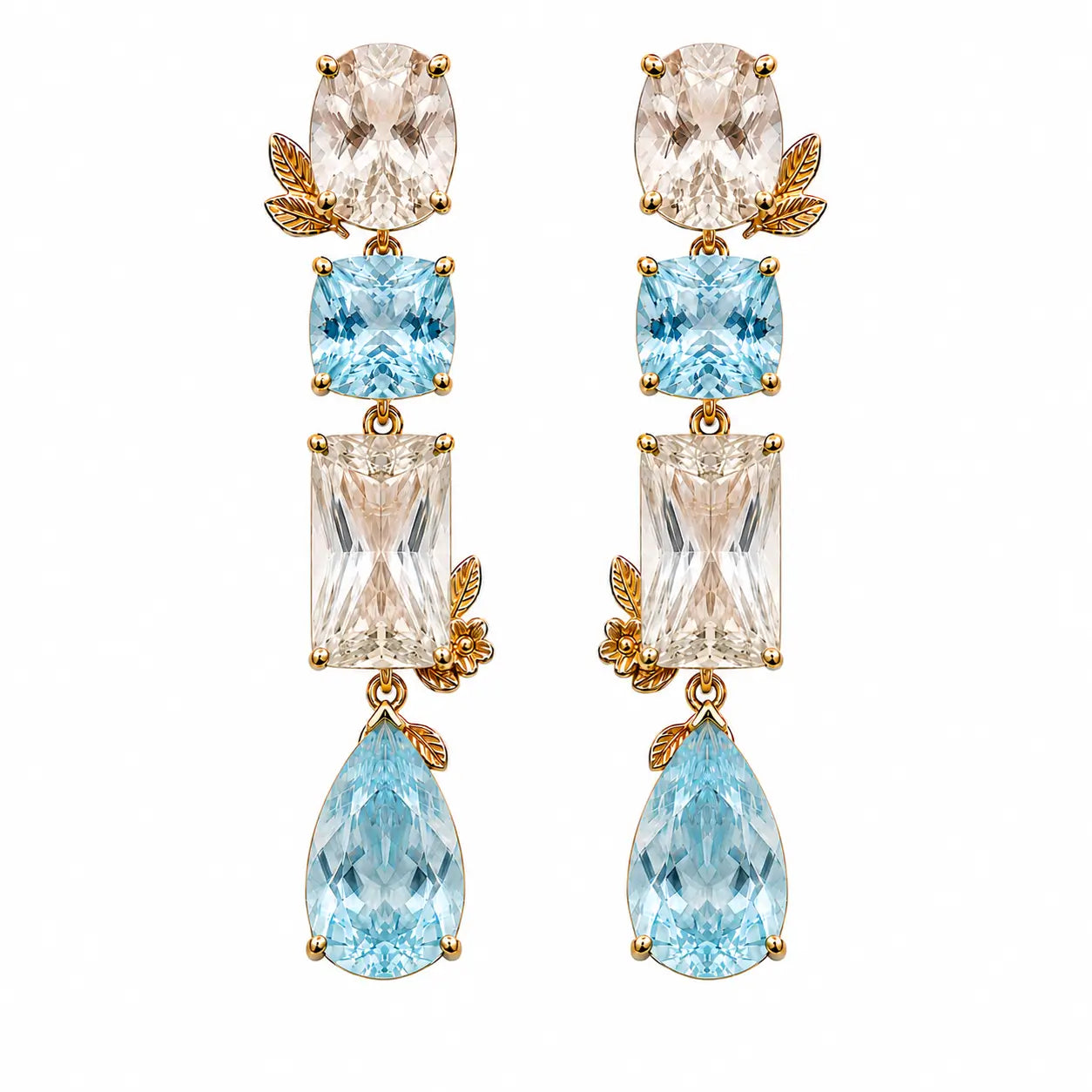14k yellow gold Garden Melody 20.75 ctw Natural Aquamarine & Champagne Scapolite Drop Earrings (One-of-a-Kind)