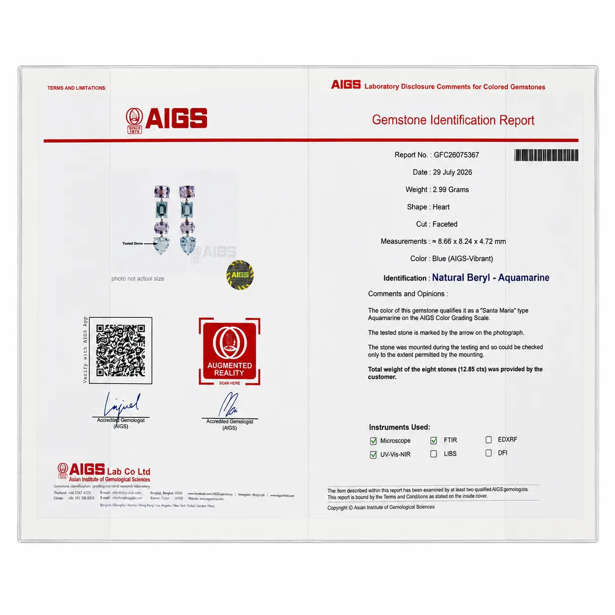 certificate of Garden Melody AIGS Certified 12.85 ctw Aquamarine & Lavender Amethyst Drop Earrings in 14k yellow gold (One-of-a-Kind)