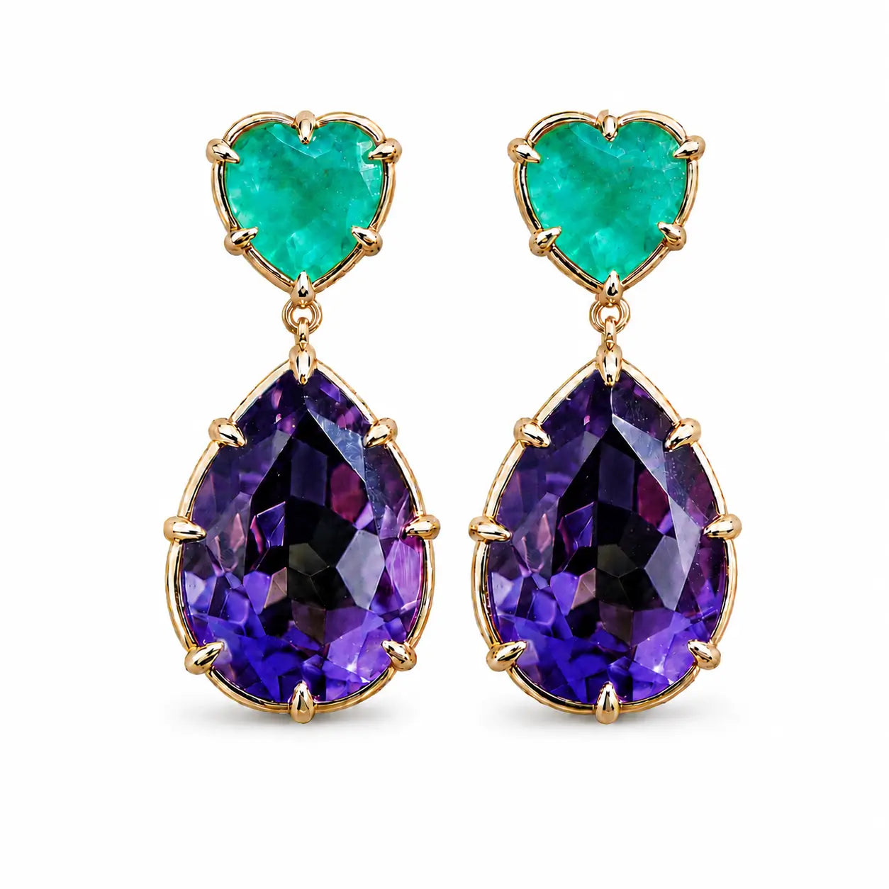Aurea 12.47 ctw Natural Emerald & Amethyst Drop Earrings (One-of-a-Kind)
