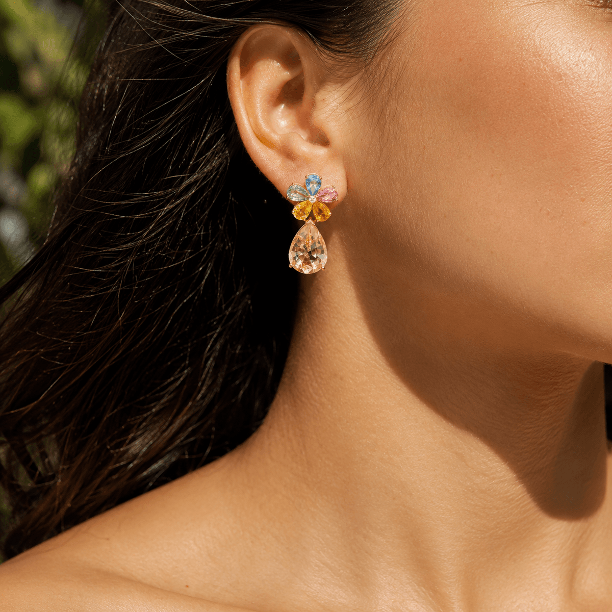 Garden Melody 13.43 ctw Natural Rainbow Sapphire, Champagne Scapolite & Diamond Drop Earrings (One-of-a-Kind)