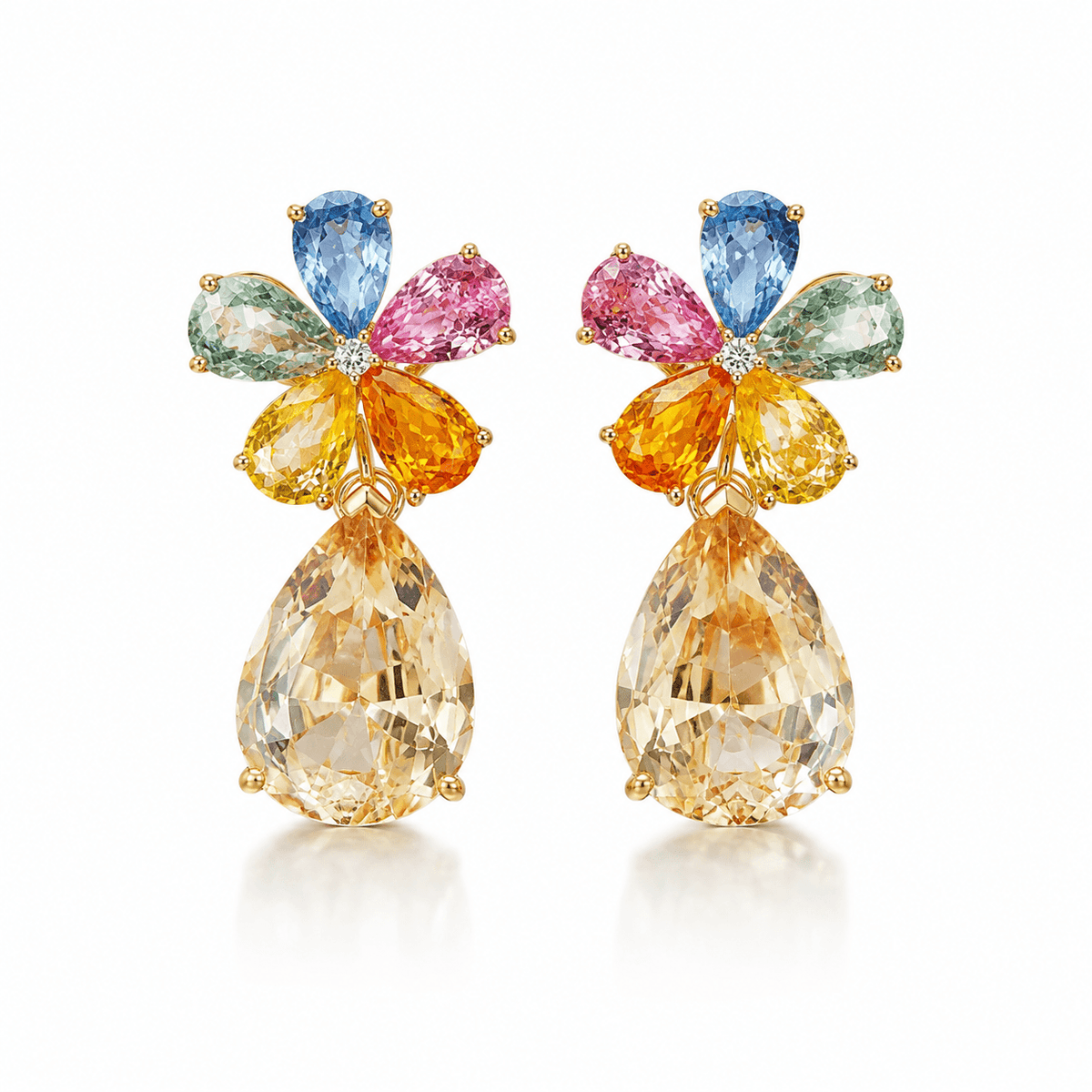 Garden Melody 13.43 ctw Natural Rainbow Sapphire, Champagne Scapolite & Diamond Drop Earrings (One-of-a-Kind)