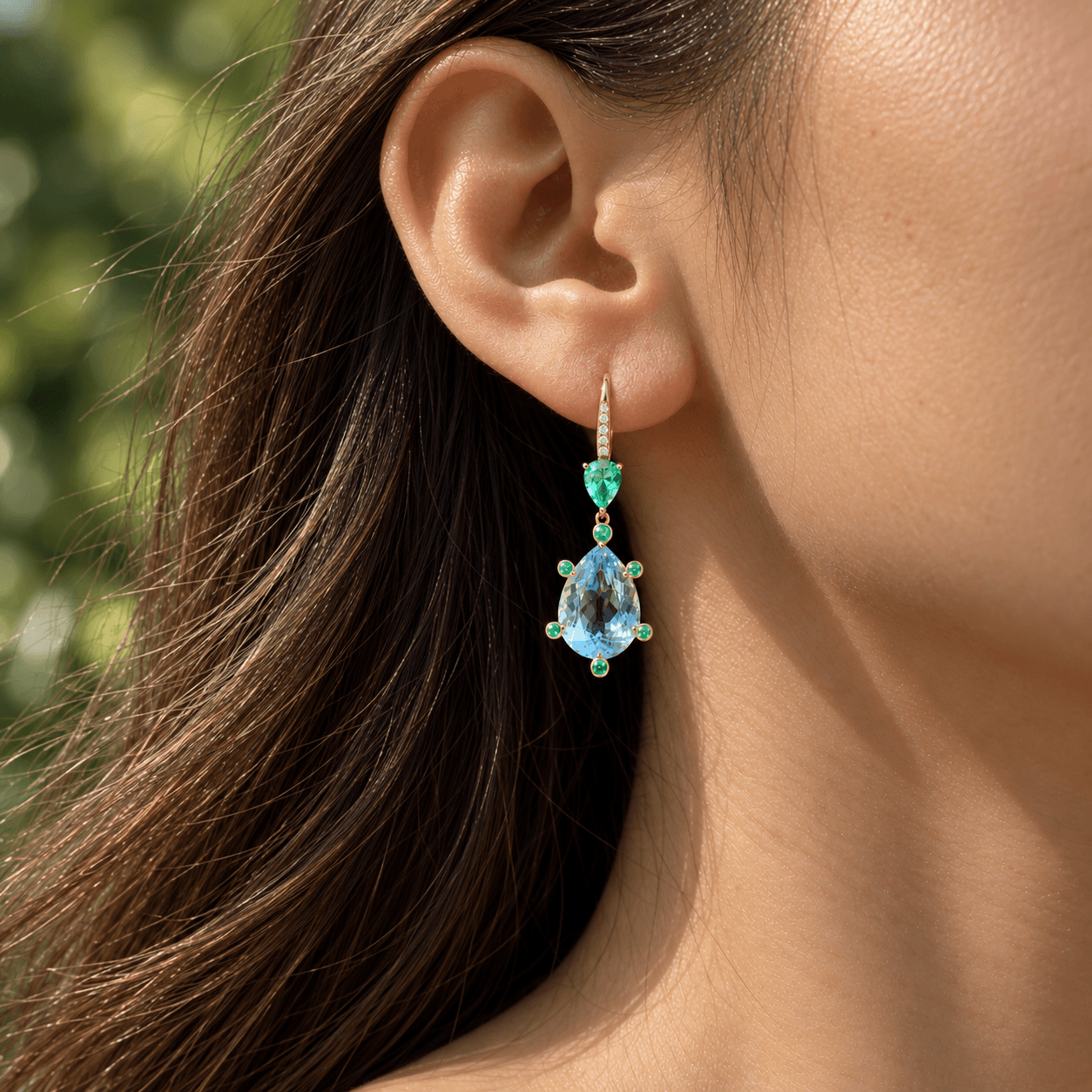 Garden Melody 9.48 ctw AIGS Certified Natural Aquamarine & Emerald Lever-Back Earrings (One-of-a-Kind)
