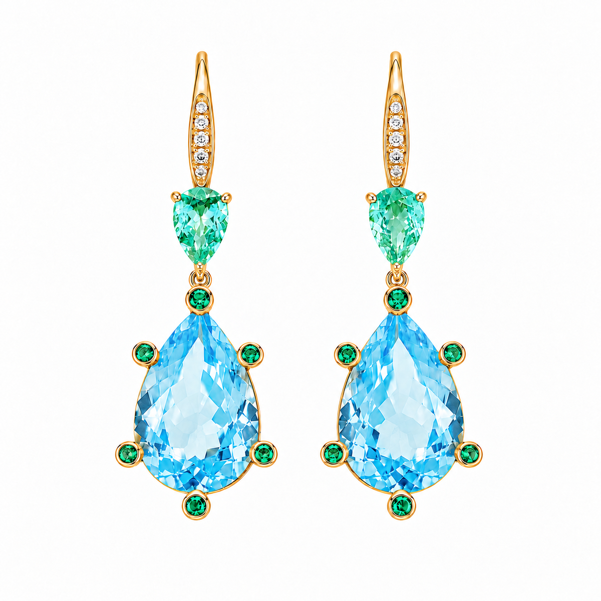 Garden Melody 9.48 ctw AIGS Certified Natural Aquamarine & Emerald Drop Earrings (One-of-a-Kind)