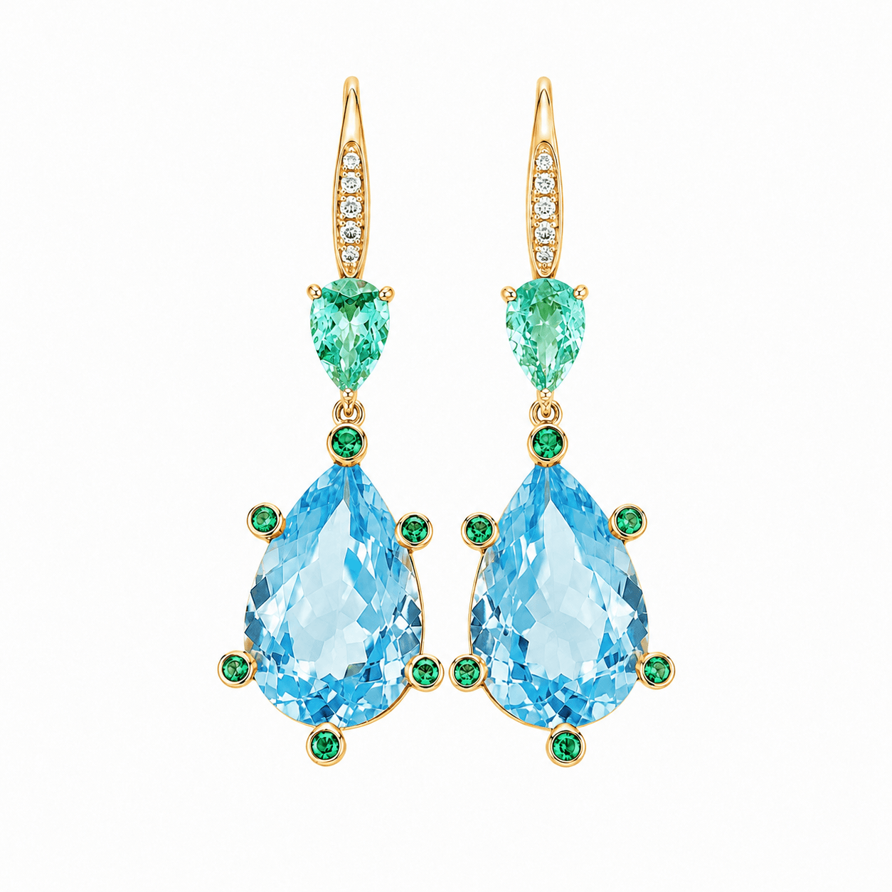 Garden Melody 9.48 ctw AIGS Certified Natural Aquamarine & Emerald Lever-Back Earrings (One-of-a-Kind)