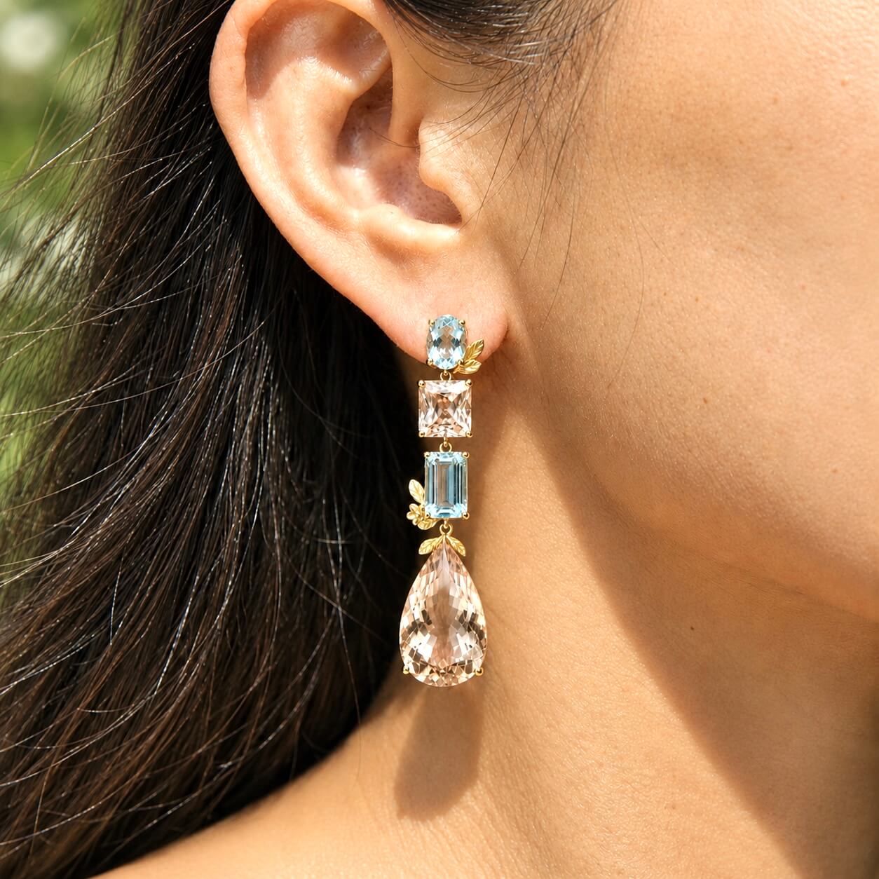 Garden Melody 34.85 ctw Natural Aquamarine & Champagne Scapolite Drop Earrings (One-of-a-Kind)