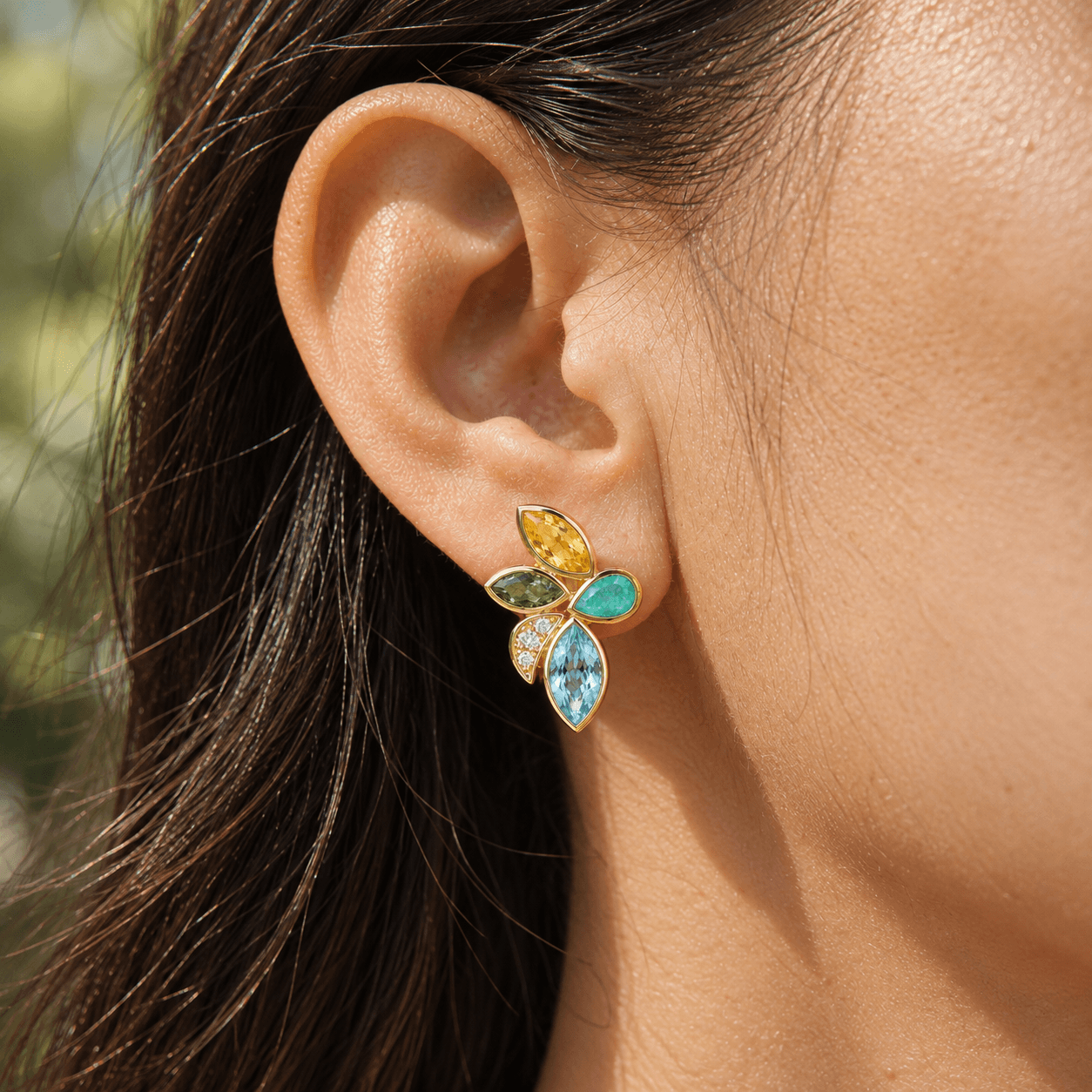Tropical Flower 6.10 ctw Natural Sapphire, Emerald, Aquamarine & Diamond Earrings (One-of-a-Kind)