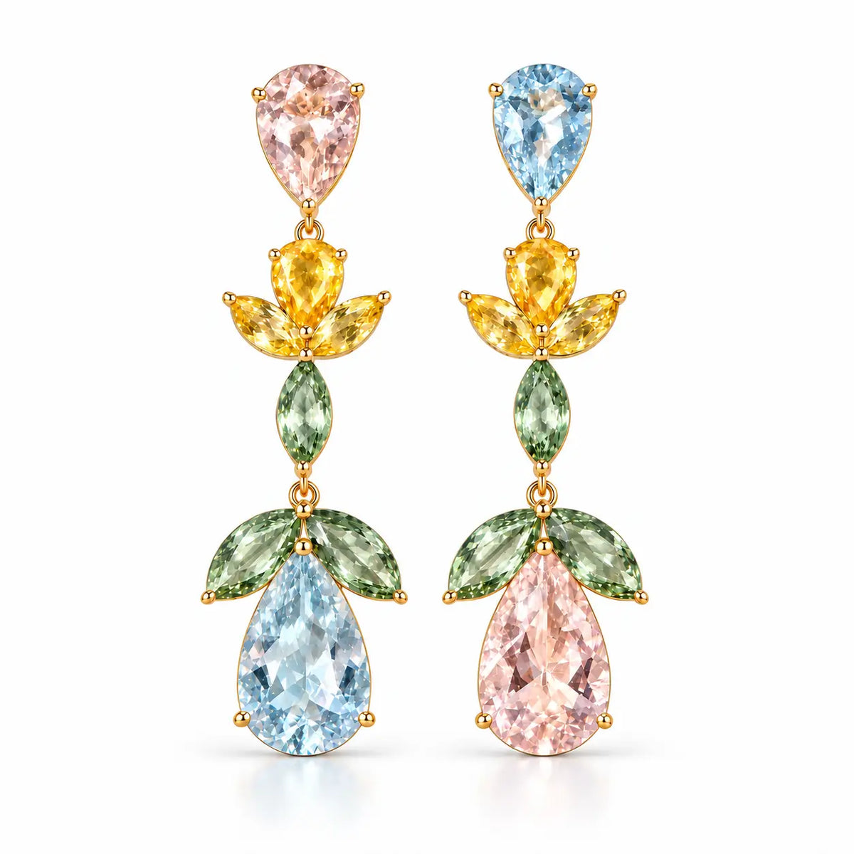 14k solid yellow gold Garden Melody 13.26 ctw Natural Aquamarine, Morganite & Sapphire Drop Earrings (One-of-a-Kind)