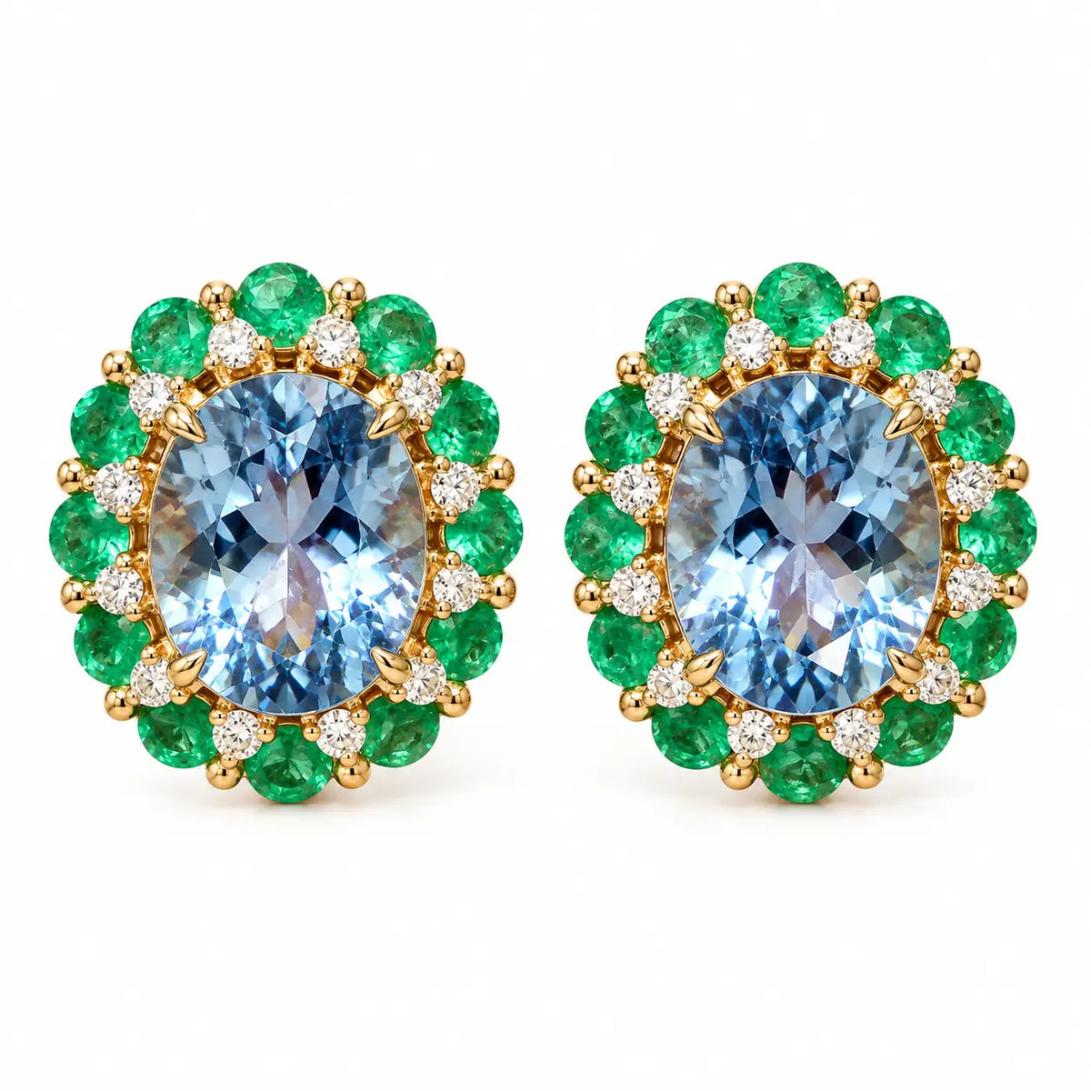Belle Halo 5.72 ctw AIGS Certified Santa Maria Aquamarine, Emerald & Diamond Earrings (One-of-a-Kind)