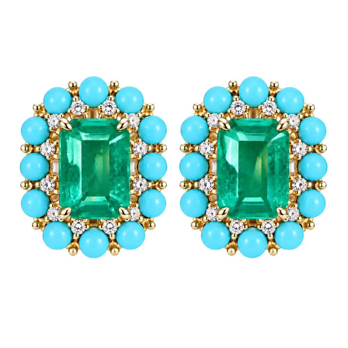 14k yellow gold Belle Halo 2.87 ctw AIGS Certified Natural Emerald, Turquoise & Diamond Earrings (One-of-a-Kind)