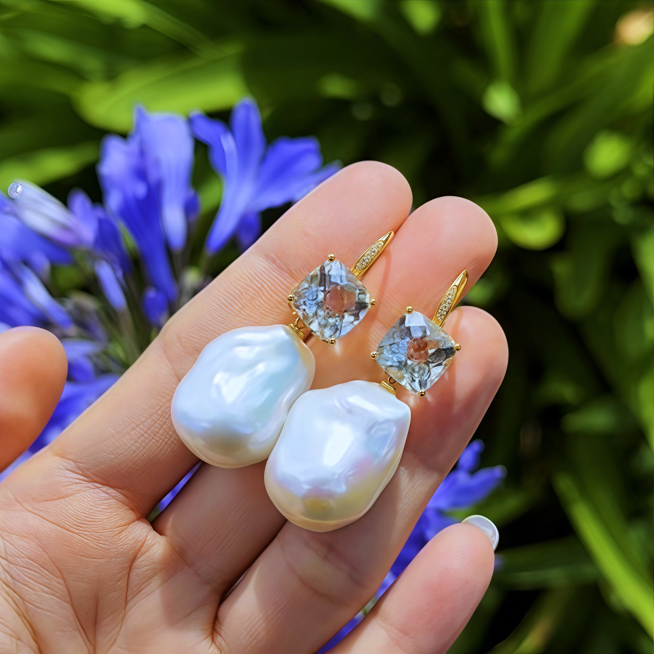 Radiant Prasiolite Green Amethyst Diamond Baroque Pearl Convertible Drop Earrings