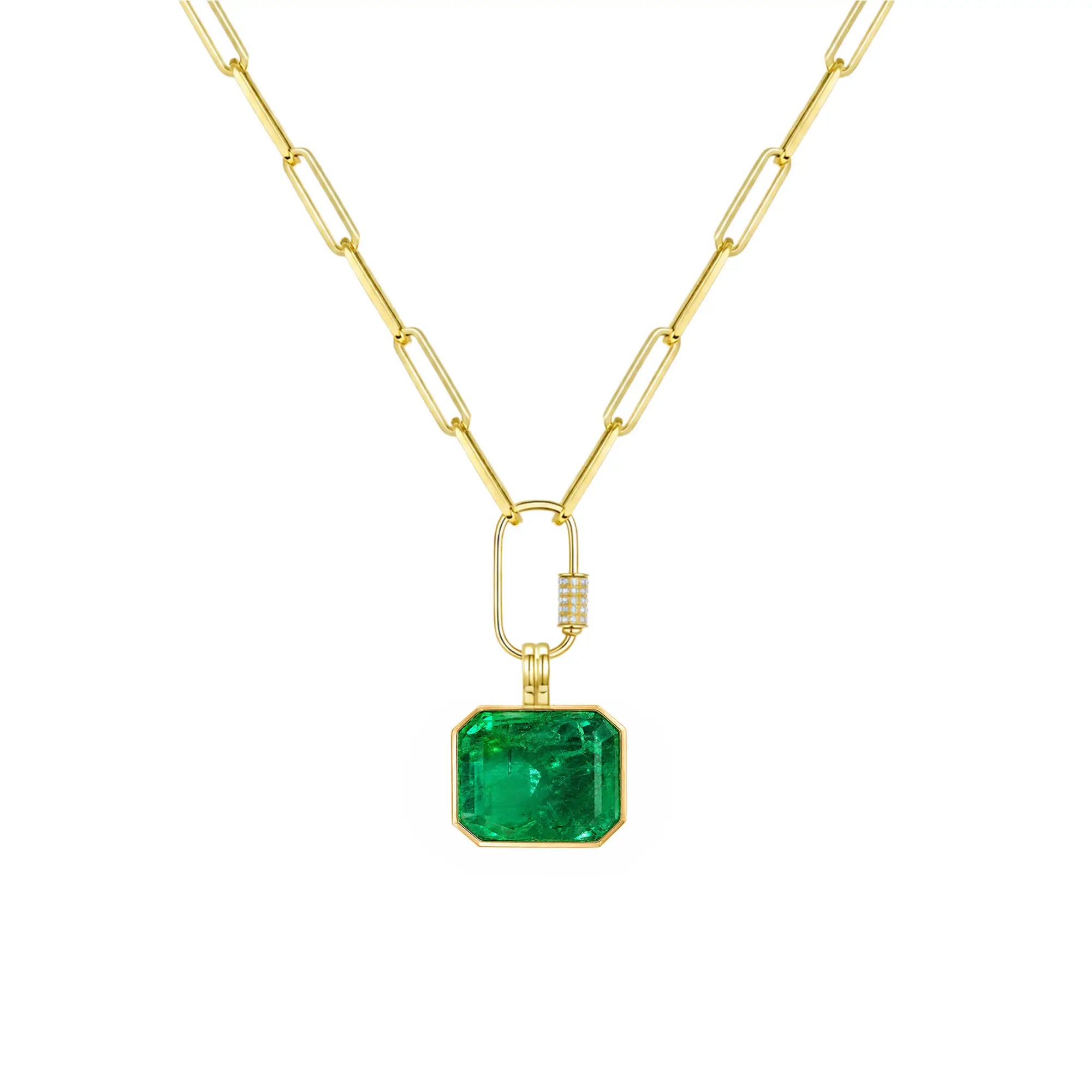 Vivid Glance 5.12ct Natural Emerald Diamond Lock Paperclip Chain Necklace (One-of-a-Kind)