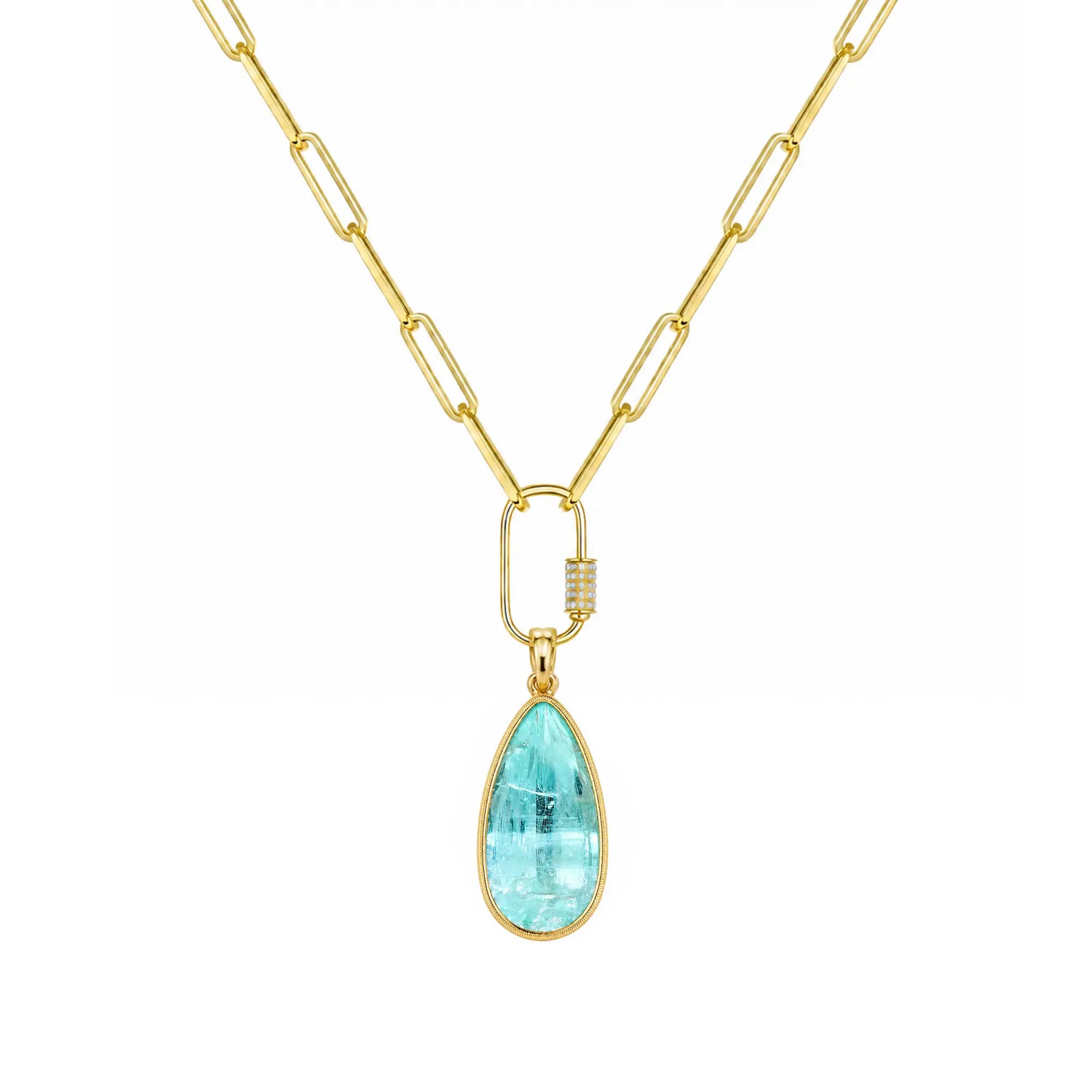 Vivid Glance 4.77ct Natural Vanadium Beryl Diamond Lock Paperclip Chain Necklace (One-of-a-Kind)