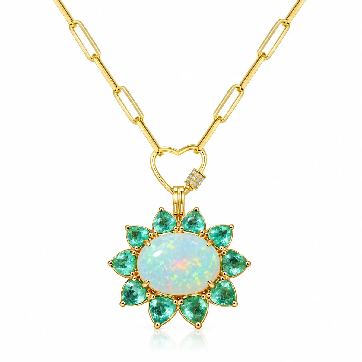 Bloom Halo 6.71 ctw Natural Opal & Emerald Diamond Heart Lock Paperclip Chain Necklace (One-of-a-Kind)