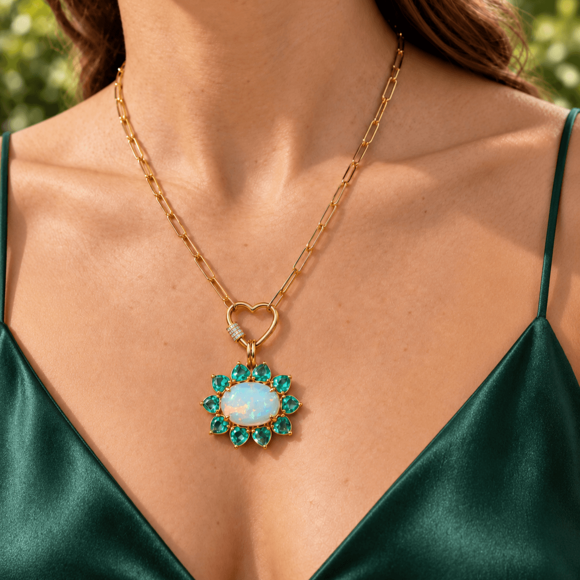 Bloom Halo 6.71 ctw Natural Opal & Emerald Diamond Heart Lock Paperclip Chain Necklace (One-of-a-Kind)