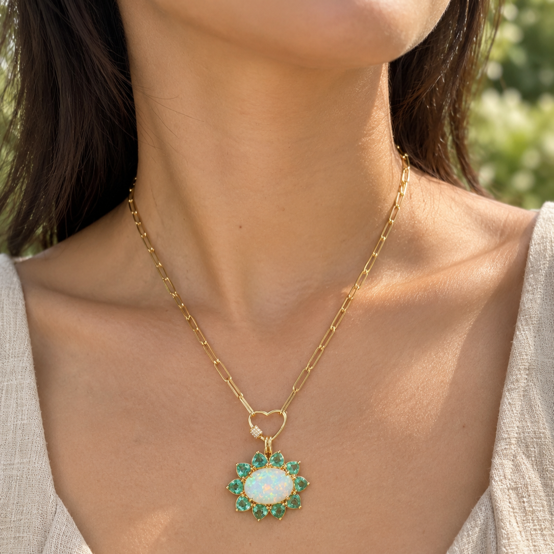 Bloom Halo 6.71 ctw Natural Opal & Emerald Diamond Heart Lock Paperclip Chain Necklace (One-of-a-Kind)