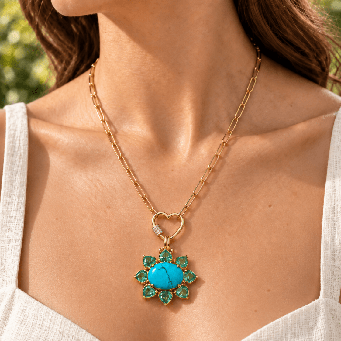 Bloom Halo 5.45 ctw Natural Turquoise & Emerald Diamond Heart Lock Paperclip Chain Necklace (One-of-a-Kind)