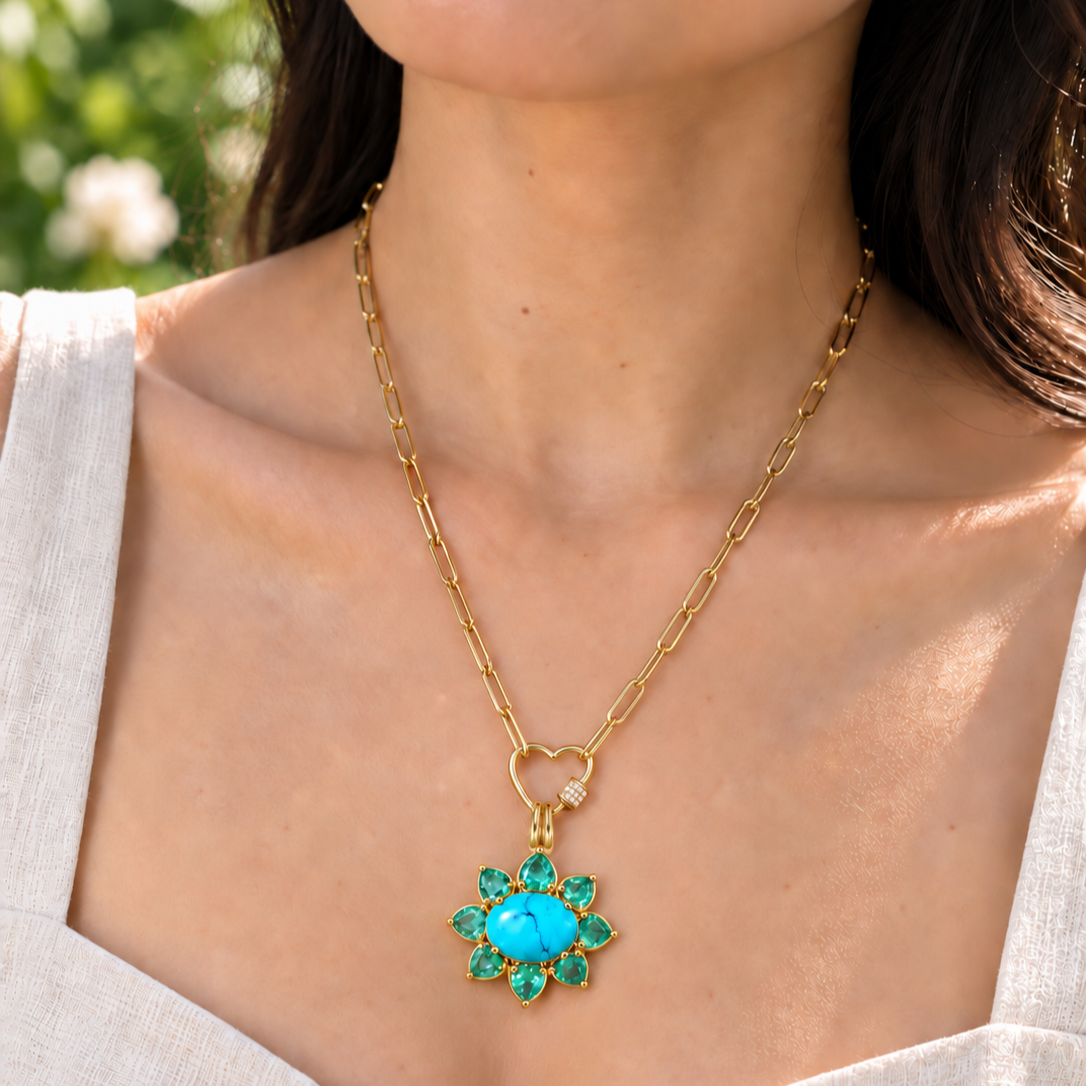 Bloom Halo 5.45 ctw Natural Turquoise & Emerald Diamond Heart Lock Paperclip Chain Necklace (One-of-a-Kind)