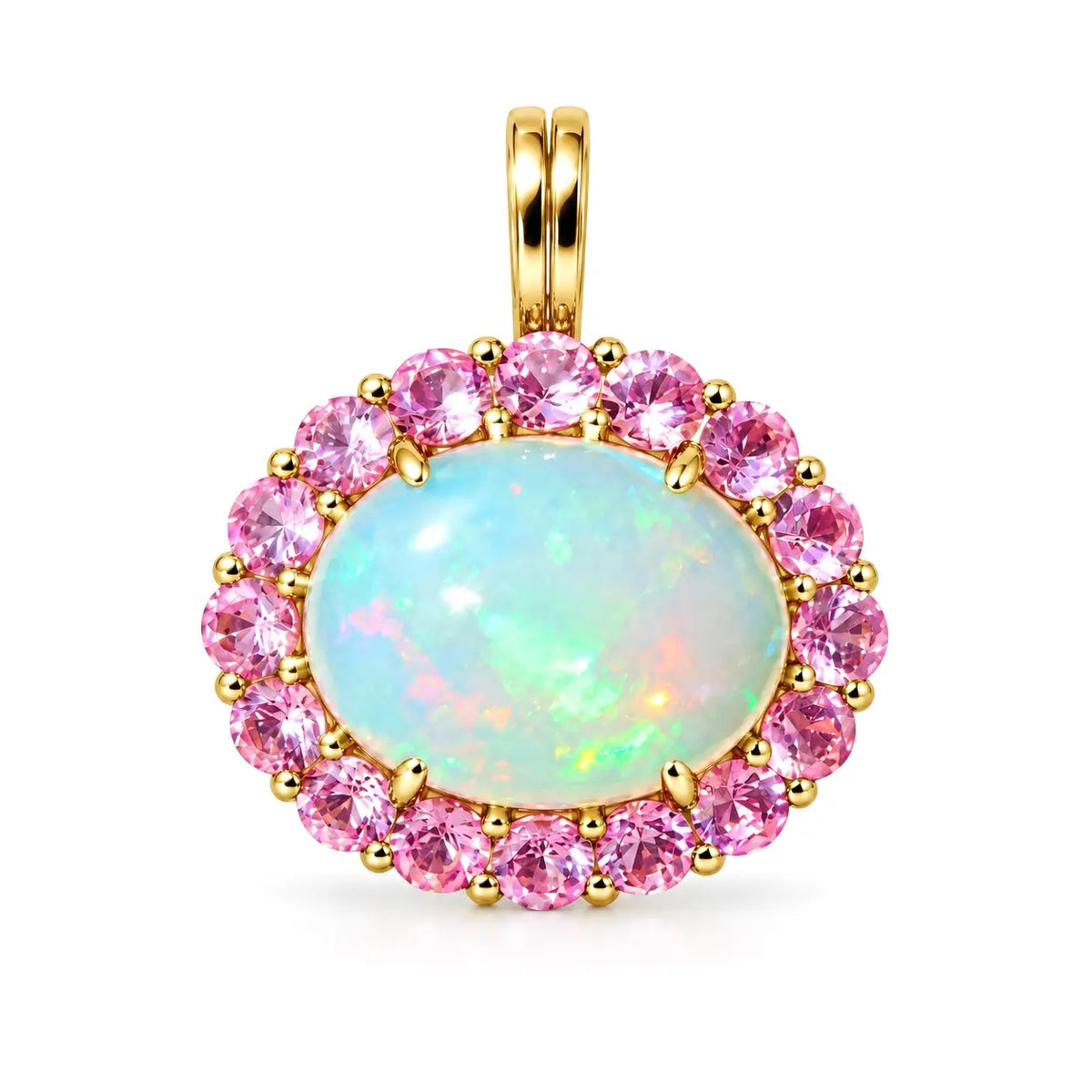 14k yellow gold Eden Halo 4.12 ctw Natural Opal & Pink Sapphire Diamond Lock Paperclip Chain Necklace (One-of-a-Kind)