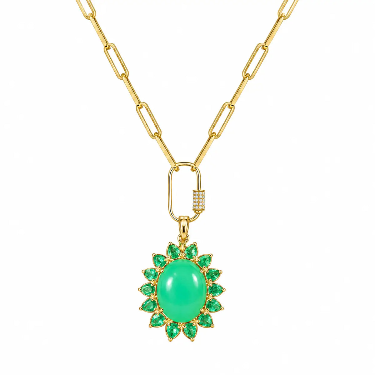14k yellow gold Bloom Halo 13.02 ctw Natural Australian Chrysoprase & Emerald Diamond Lock Paperclip Chain Necklace (One-of-a-Kind)