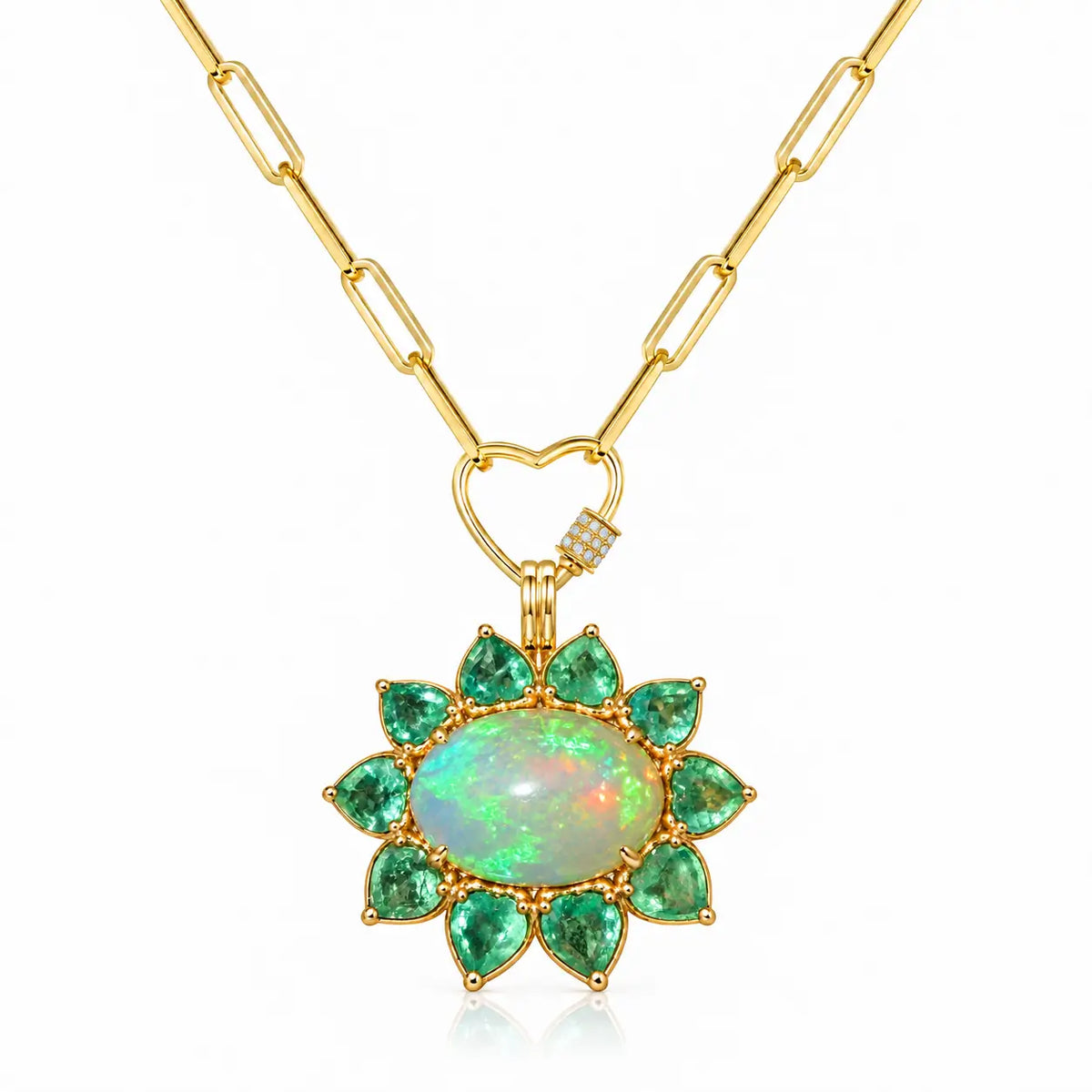 14k yellow gold Bloom Halo 7.96 ctw Natural Opal & Emerald Diamond Heart Lock Paperclip Chain Necklace (One-of-a-Kind)