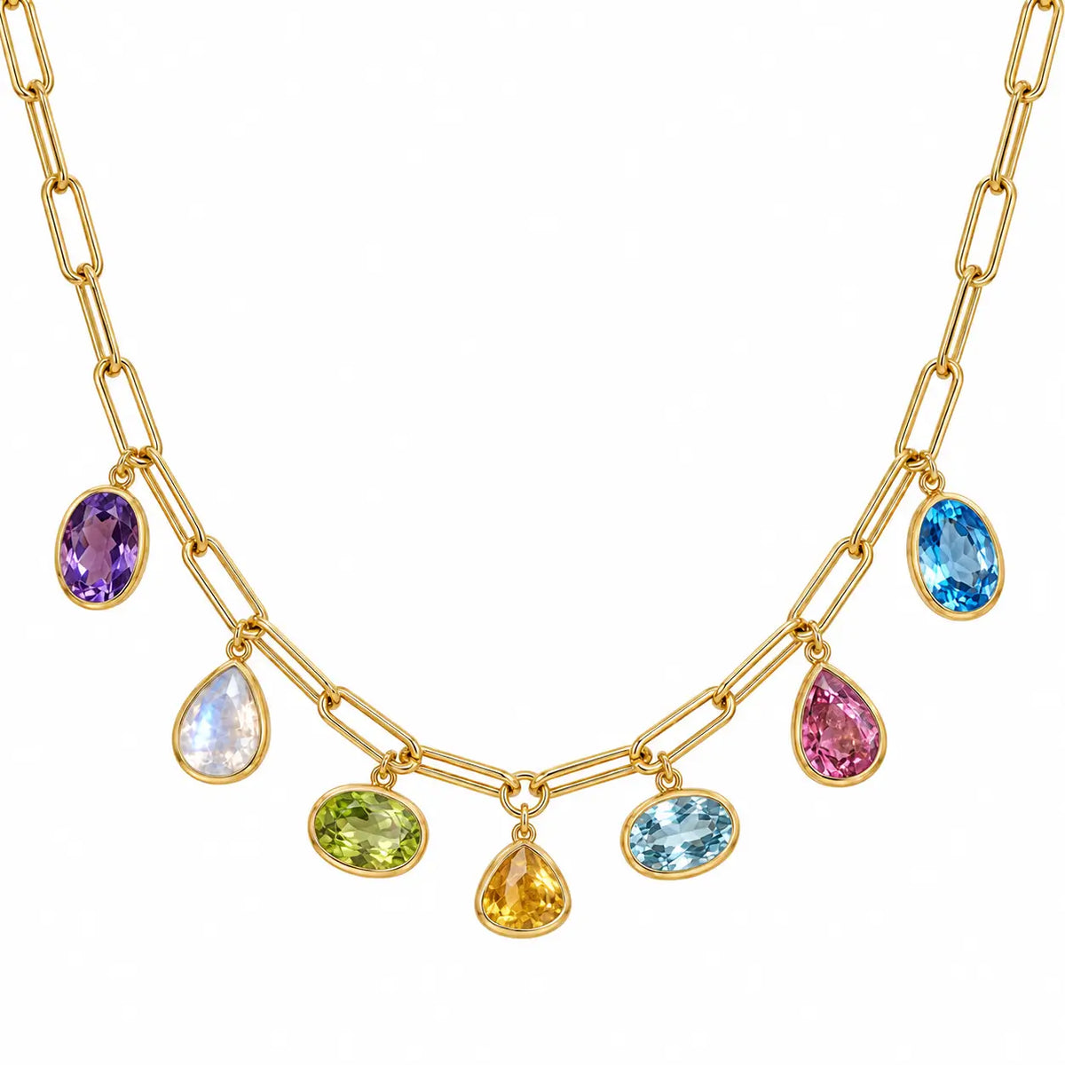 14k yellow gold Earthlight 7.32 ctw Natural Sapphire & Aquamarine Seven-Gemstone Paperclip Chain Necklace (One-of-a-Kind)