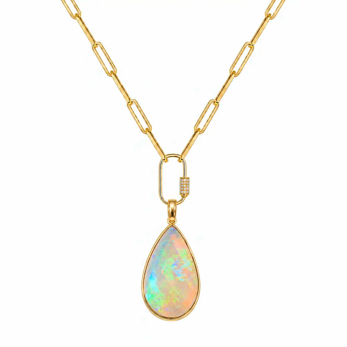 14k yellow gold Vivid Glance 13.25 ctw Natural Opal Diamond Lock Paperclip Chain Necklace (One-of-a-Kind)