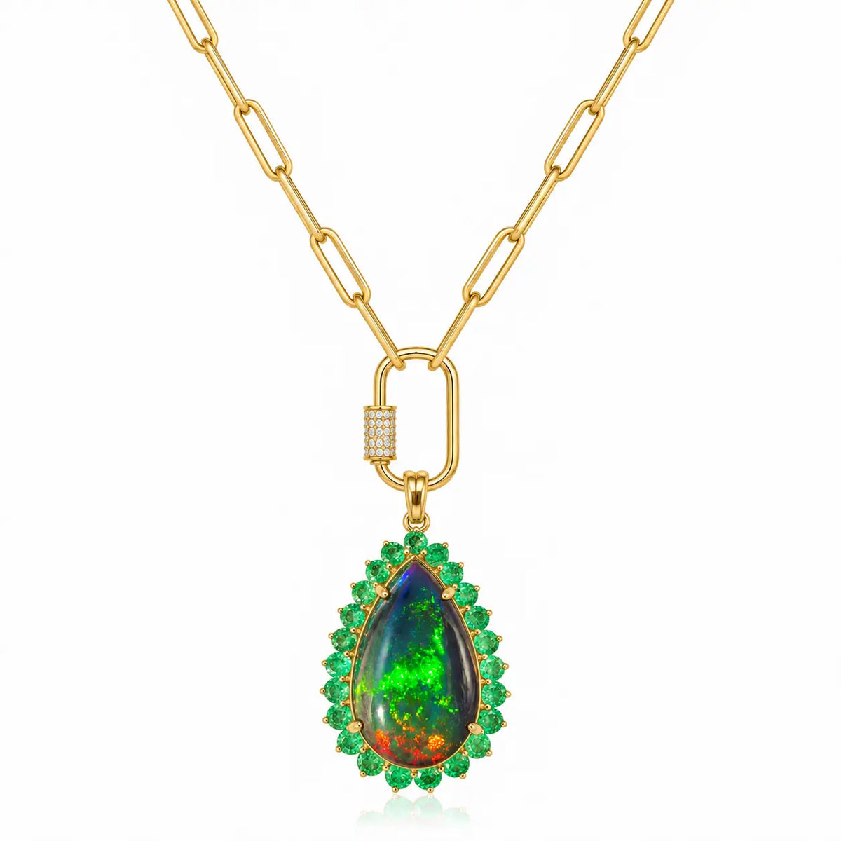 14k yellow gold Eden Halo 7.45 ctw Natural Black Opal & Diamond Lock Paperclip Chain Necklace (One-of-a-Kind)