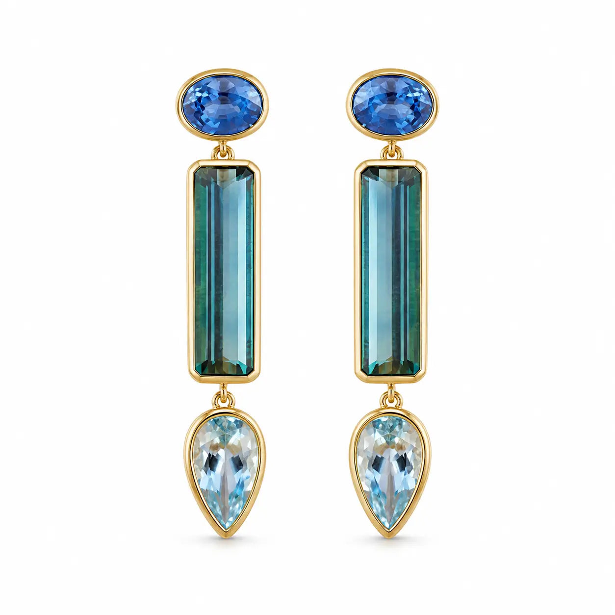 kai fine jewelry 14k yellow gold Garden Melody 5.34 ctw Sapphire, Tourmaline & Aquamarine Drop Earrings (One-of-a-Kind)