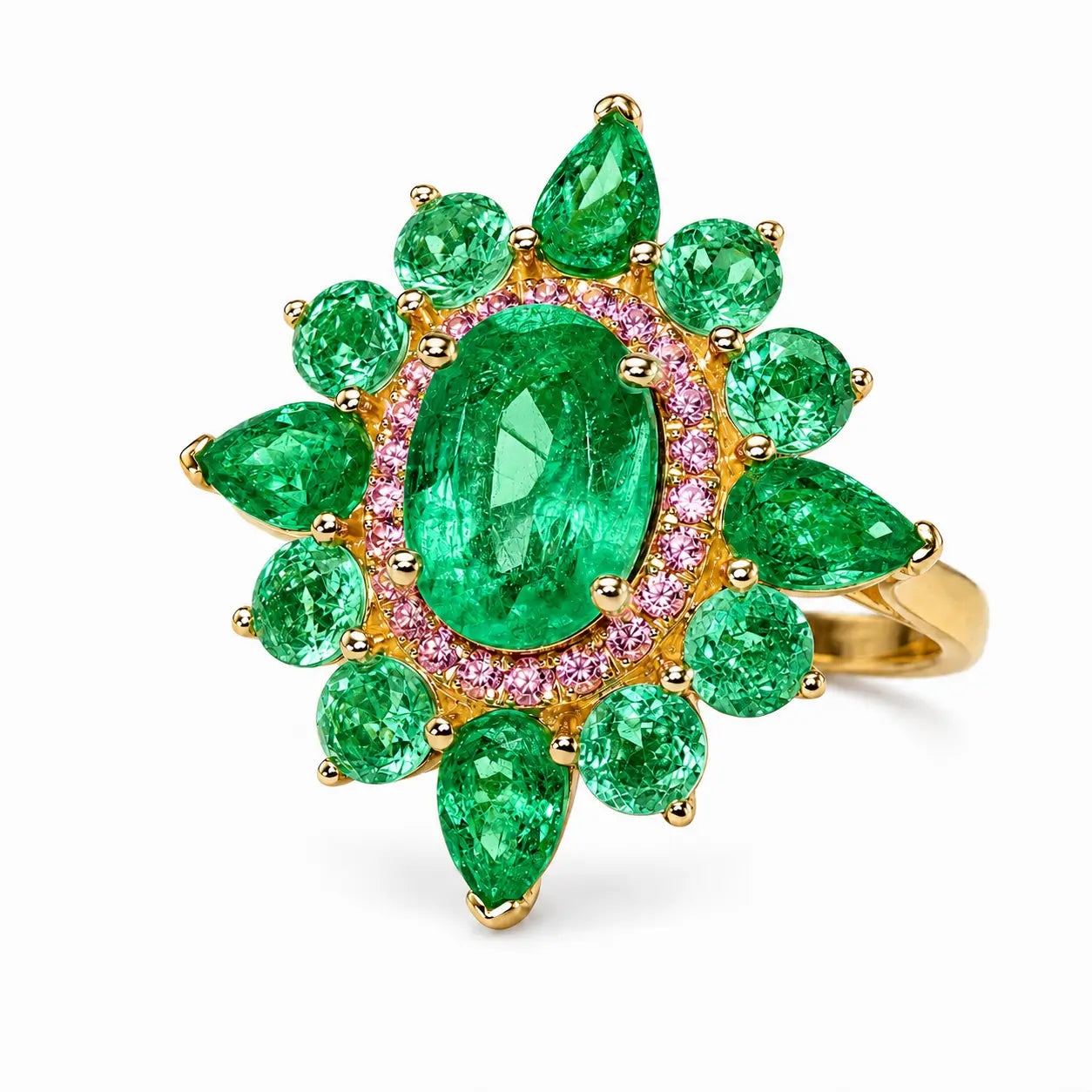 Kai Fine Jewelry Stellara 3.55 ctw AIGS Certified Natural Emerald & Pink Sapphire Ring Size 7 (One-of-a-Kind)